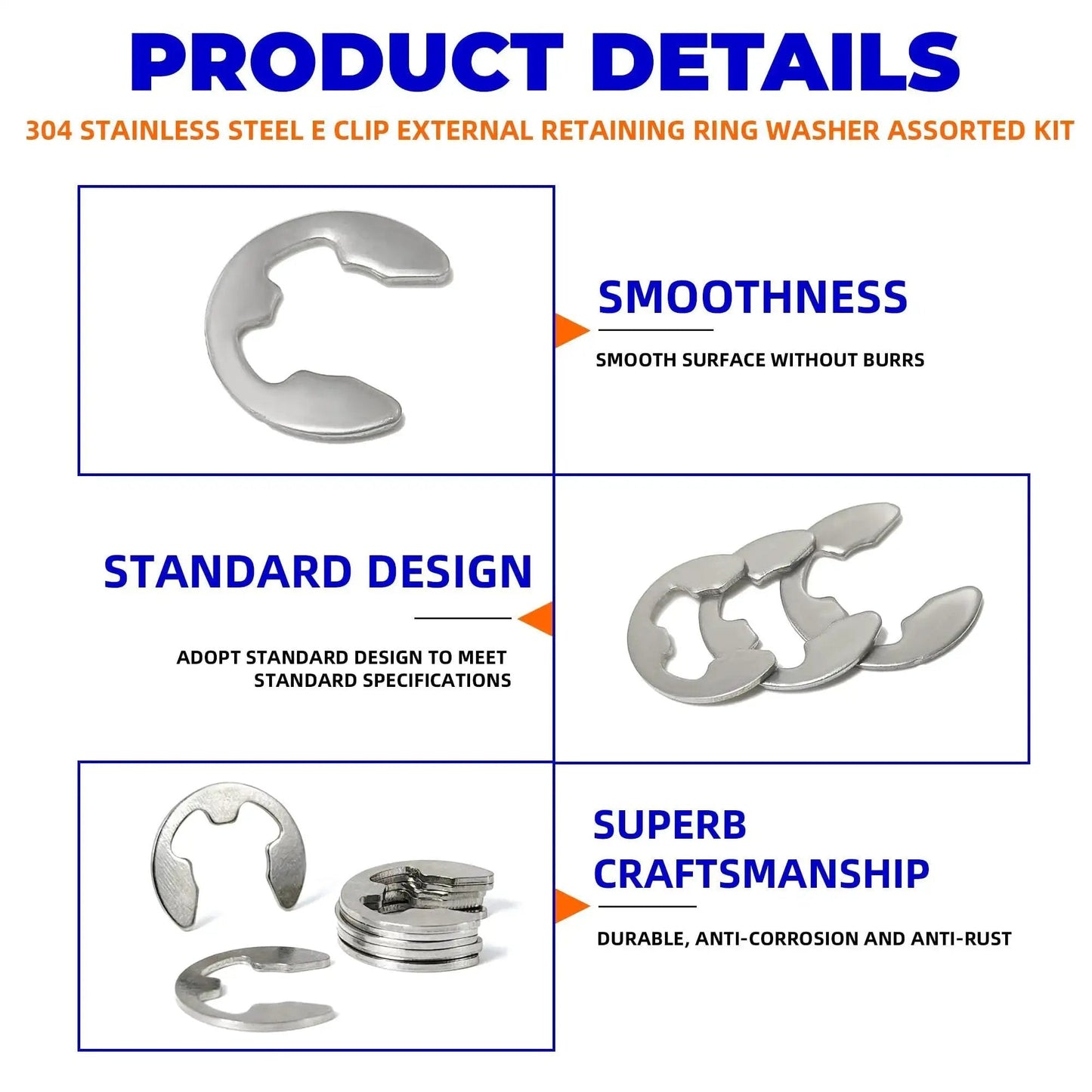 Product details of 304 stainless steel E clip retaining ring assortment kit, showing smooth design and anti-corrosion features.