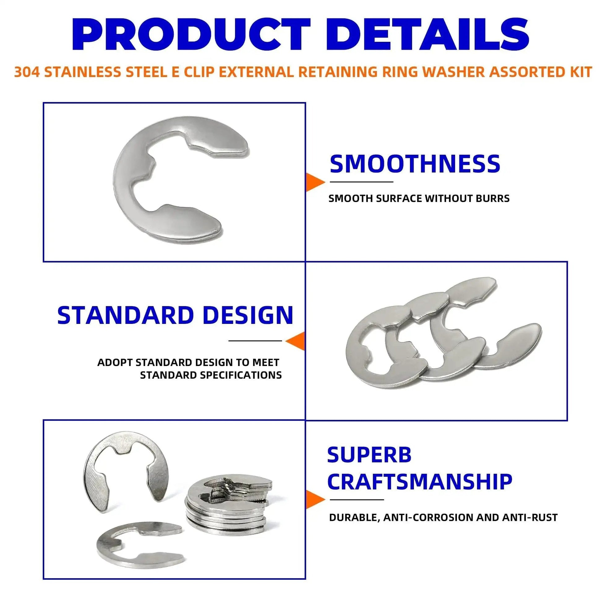 Product details of 304 stainless steel E clip retaining ring assortment kit, showing smooth design and anti-corrosion features.