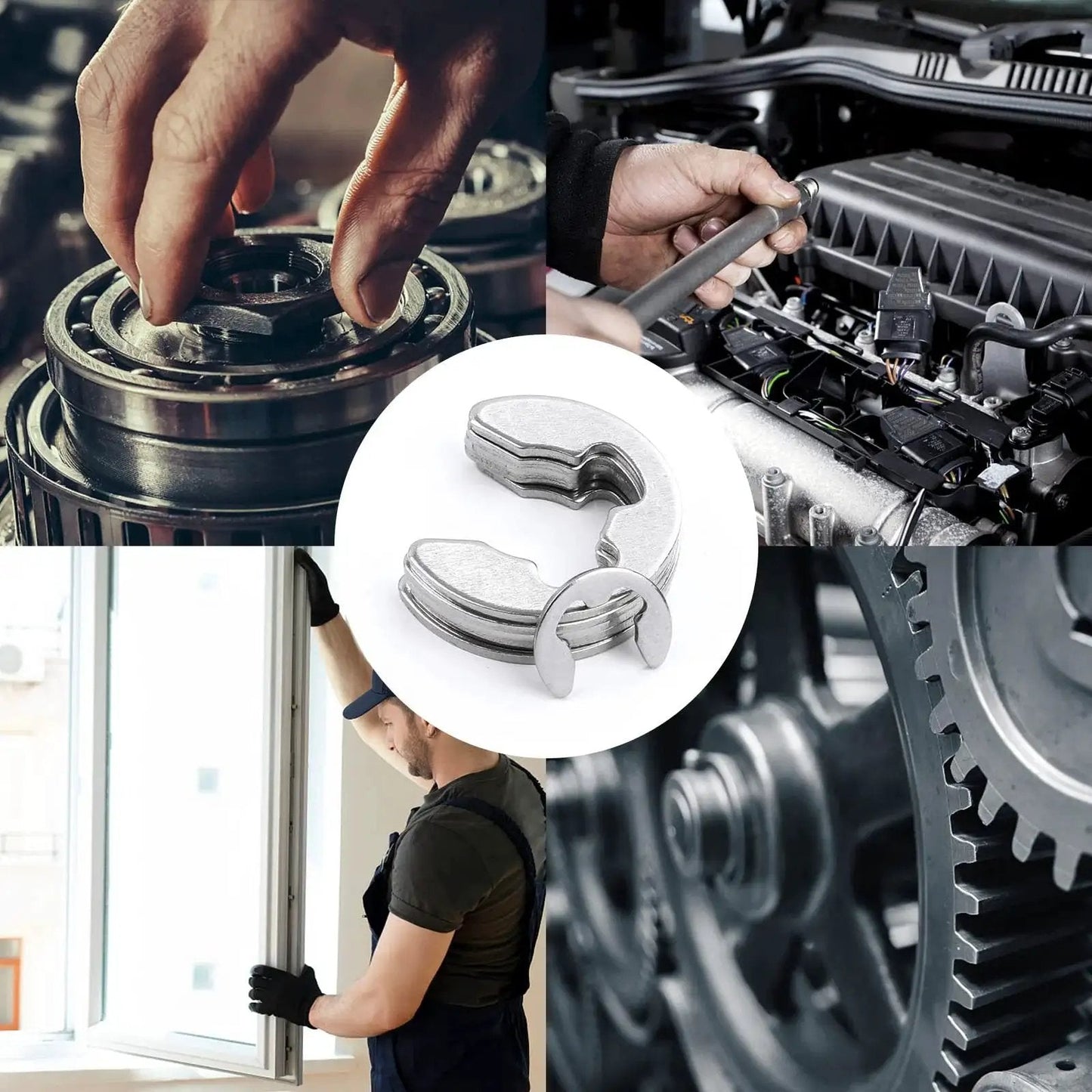 Collage showing uses of Premium E Clip Retaining Ring Set In 304 Stainless Steel For Cars Engines And Machinery, includes gears and machinery use.
