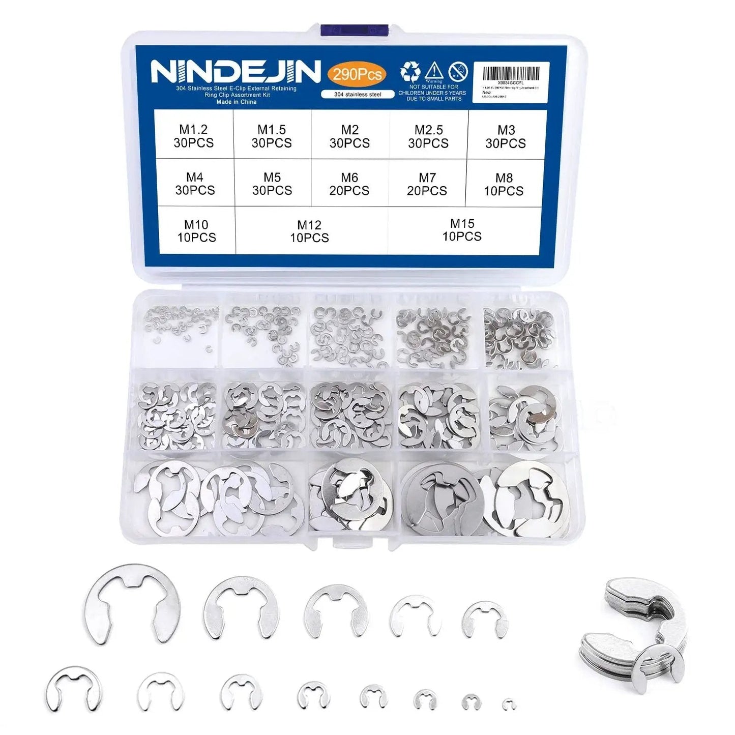 Premium E Clip Retaining Ring Set In 304 Stainless Steel For Cars Engines And Machinery, 13 Sizes From M1.2 To M15, 290 Pieces