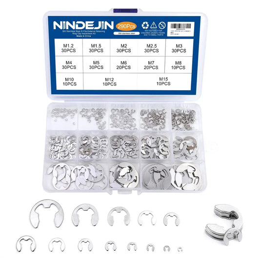 Premium E Clip Retaining Ring Set In 304 Stainless Steel For Cars Engines And Machinery, 13 Sizes From M1.2 To M15, 290 Pieces