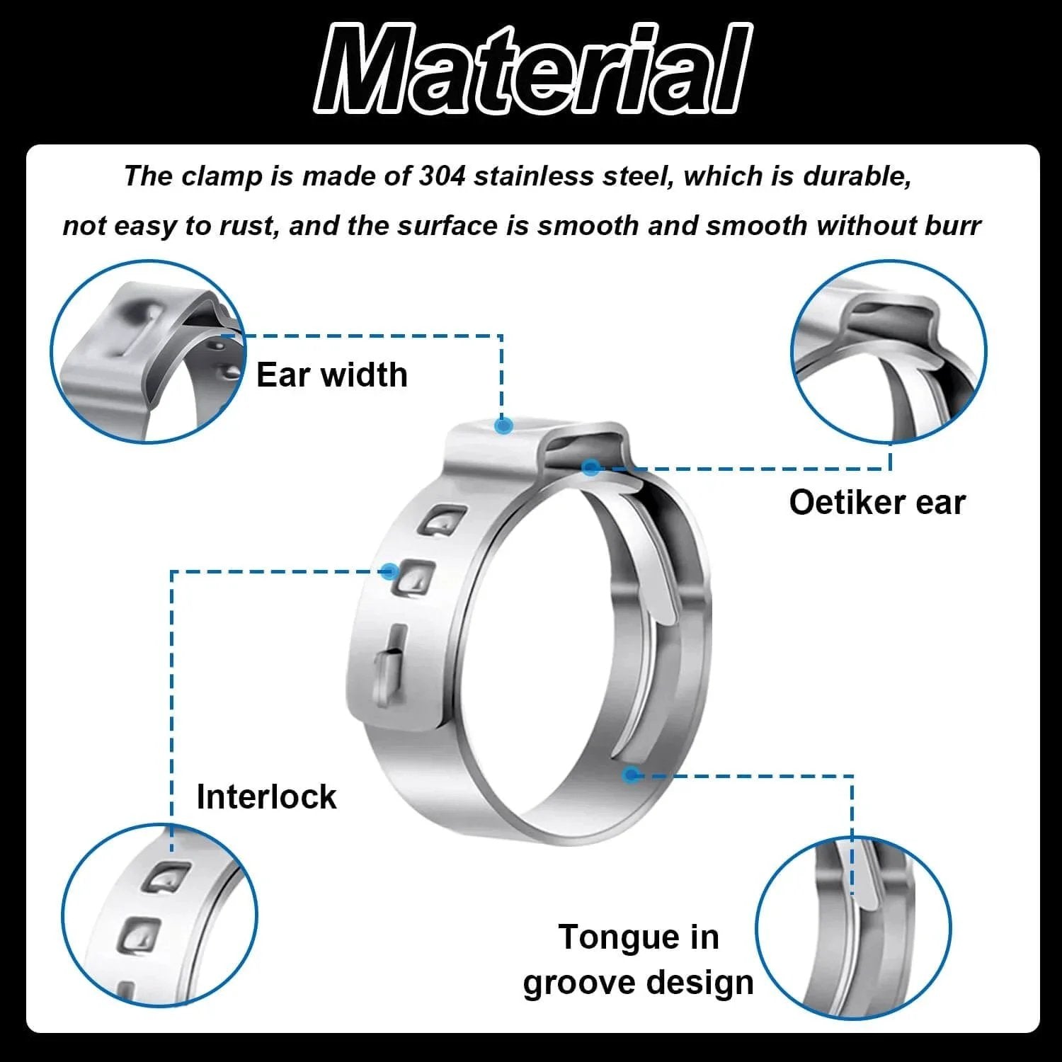 Diagram showing details of a 304 stainless steel single ear hose clamp, highlighting ear width, oetiker ear, interlock, and groove design.