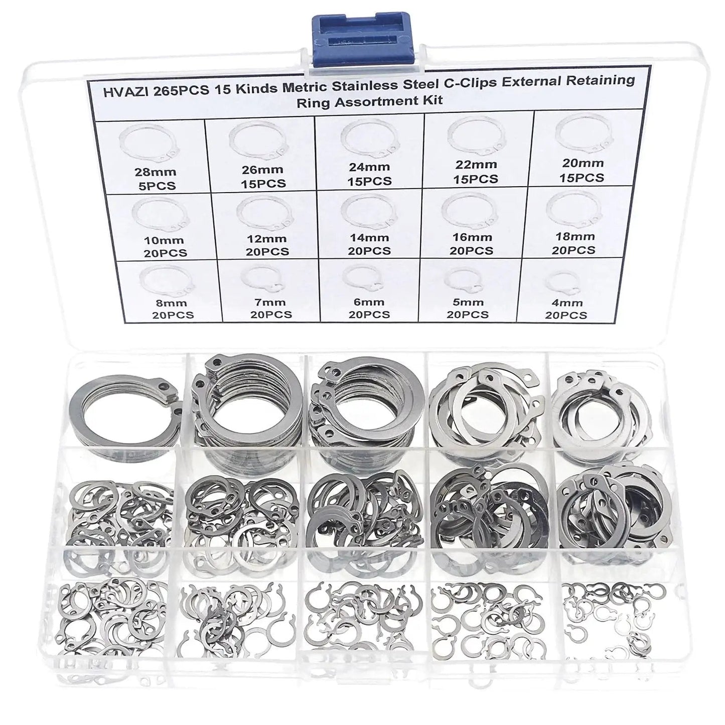 265 Piece Metric Stainless Steel C Clips External Retaining Ring Assortment Kit Includes 15 Sizes With Nominal Diameters 4Mm Through 20Mm For Quick On Hand Fixes Circlips Retaining Rings Automotive Plumbing Machinery Repairs HVAZI
