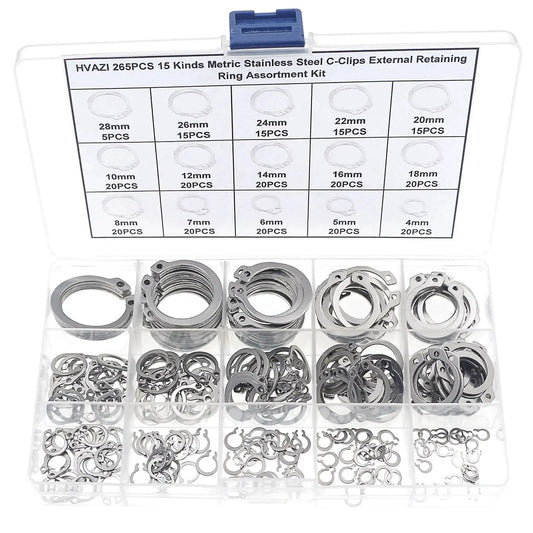 265 Piece Metric Stainless Steel C Clips External Retaining Ring Assortment Kit Includes 15 Sizes With Nominal Diameters 4Mm Through 20Mm For Quick On Hand Fixes Circlips Retaining Rings Automotive Plumbing Machinery Repairs HVAZI