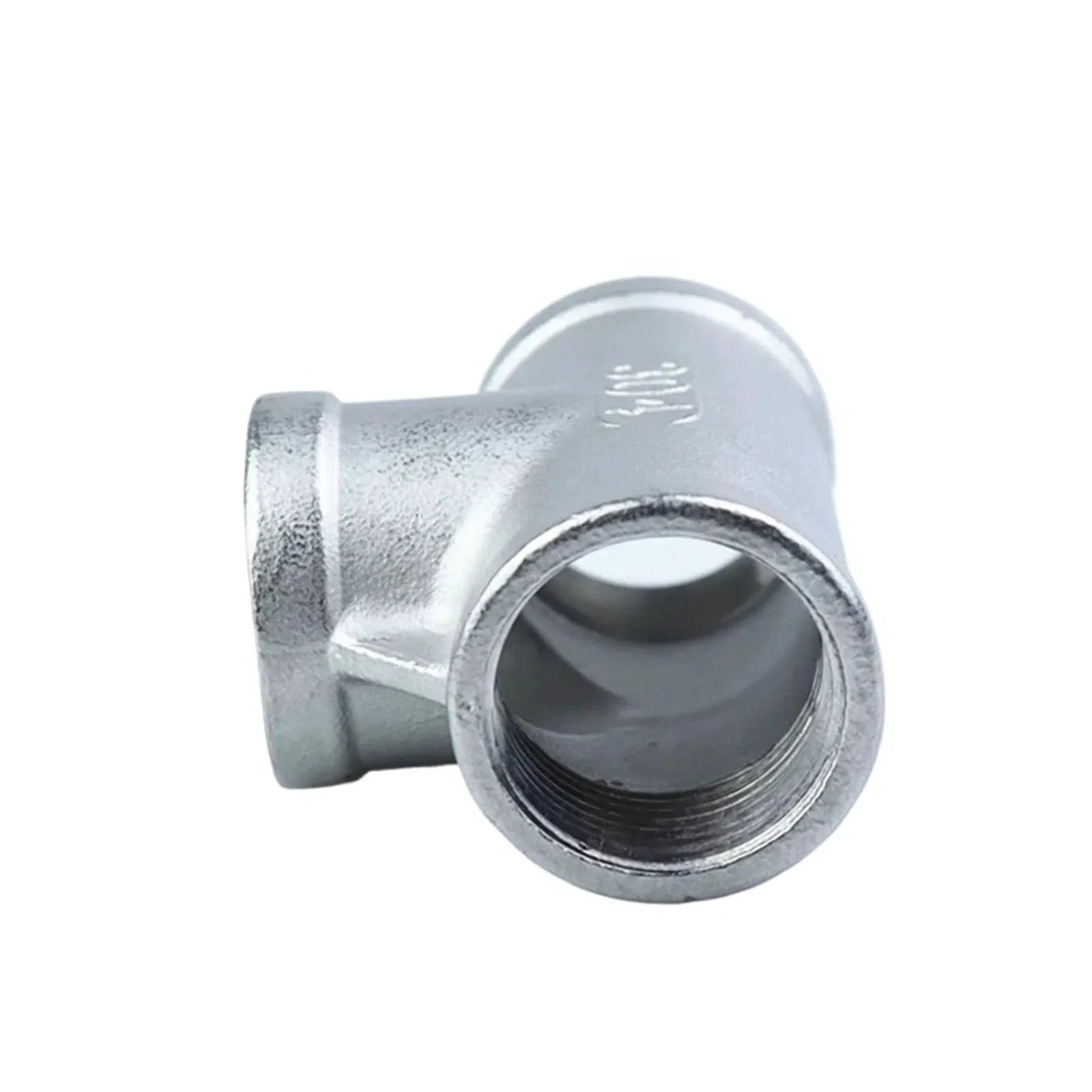 SS304 Stainless Steel Female Threaded 3 Way Tee BSPT Pipe Fitting front view showcasing threading