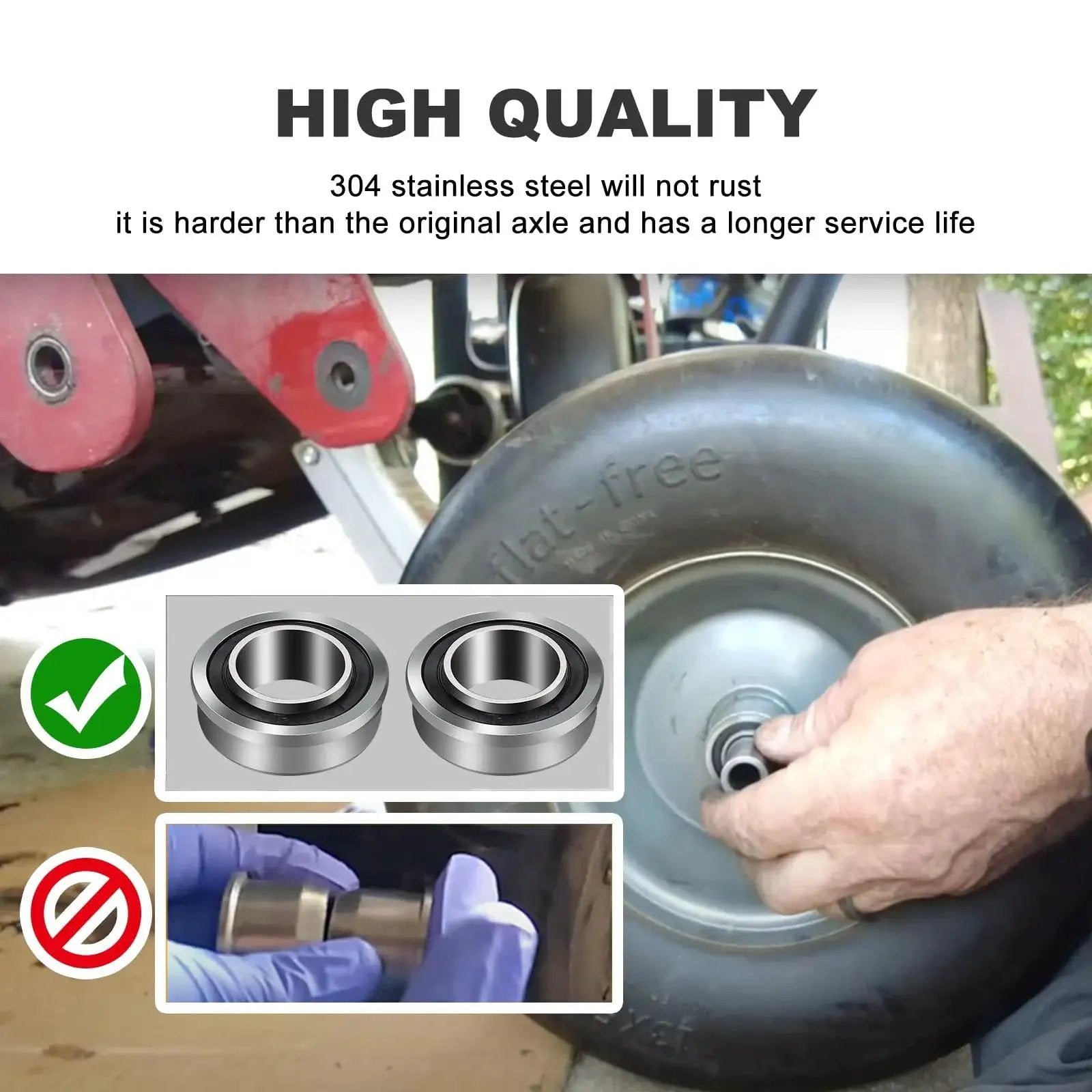 Close-up of Two Stainless Steel Front Axle And Bearing Conversion Kits For Select Z Series Zero Turn Mowers installation