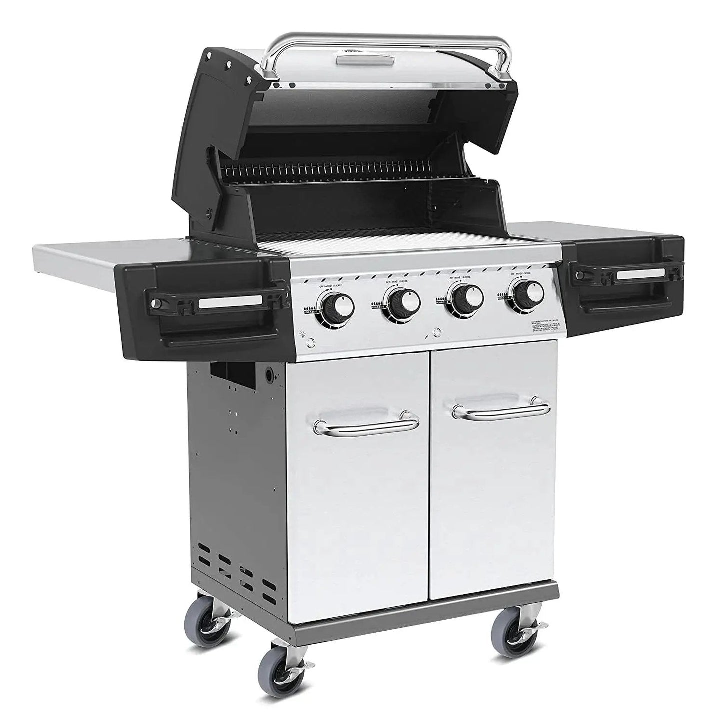 Stainless steel gas grill with four burners and side shelves on caster wheels, open hood view