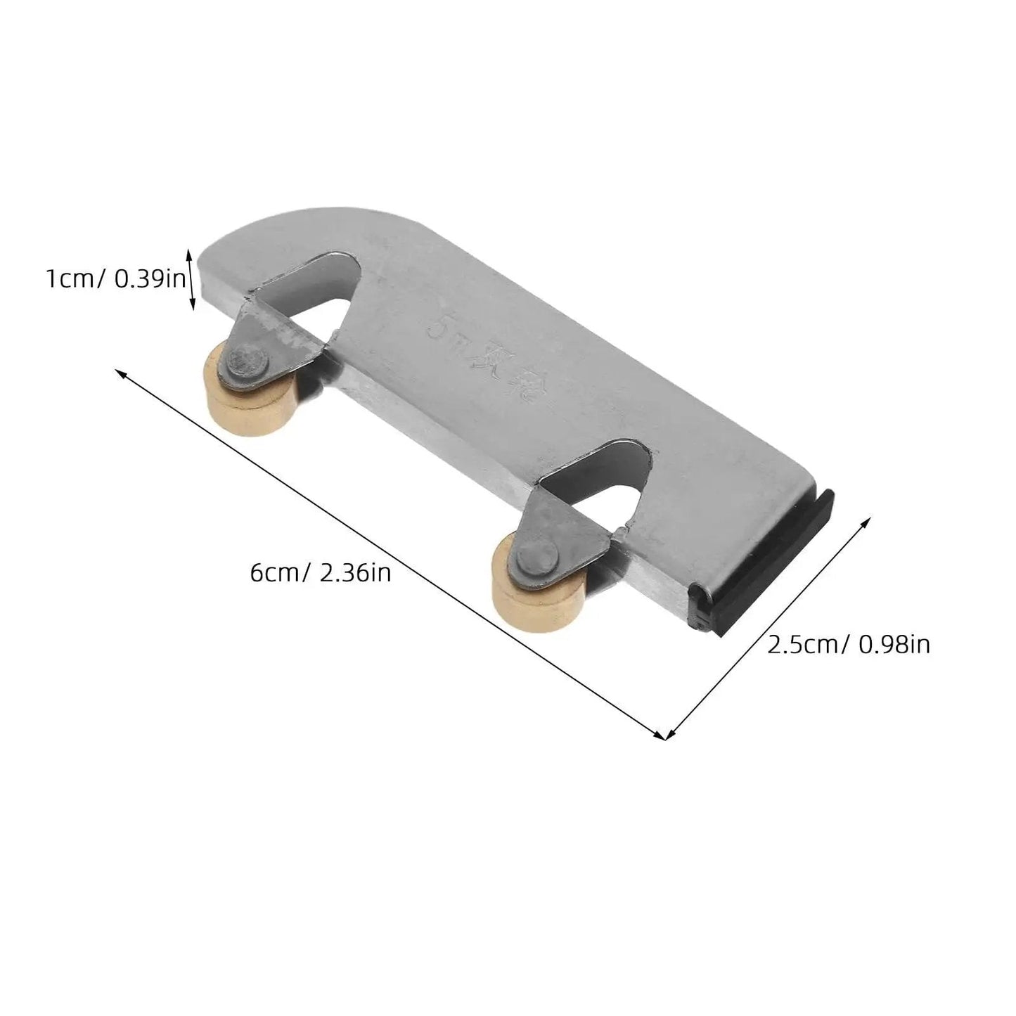 Close-up of a stainless steel 6Pcs Sliding Glass Door Wheels Kit For Cabinet Closet Wardrobe, showing dimensions and wheels.