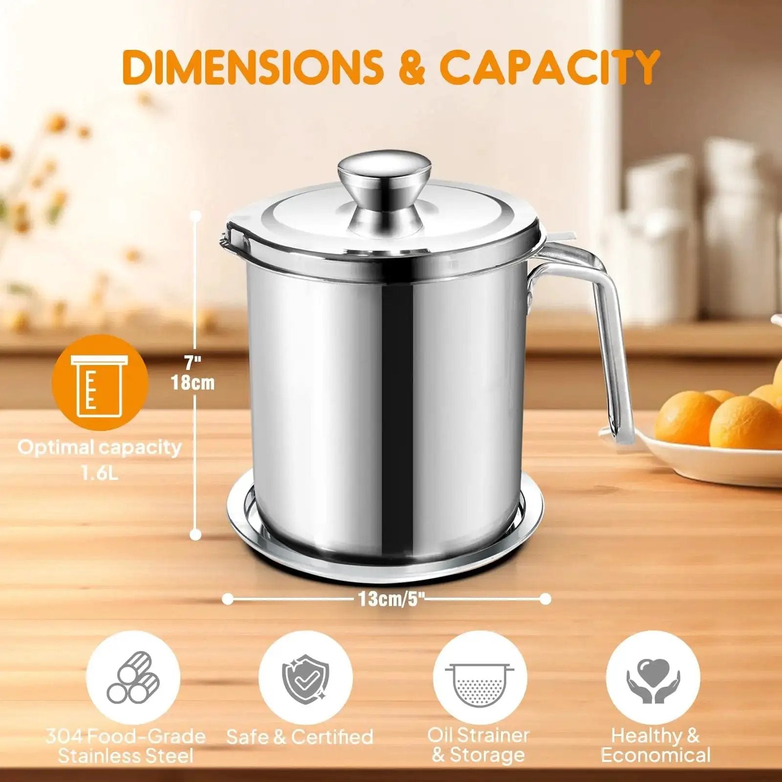 Stainless Steel Grease Container With Fine Mesh Strainer 2L Bacon Fat Oil Jar Dust Proof Lid Non Slip Tray For Kitchen