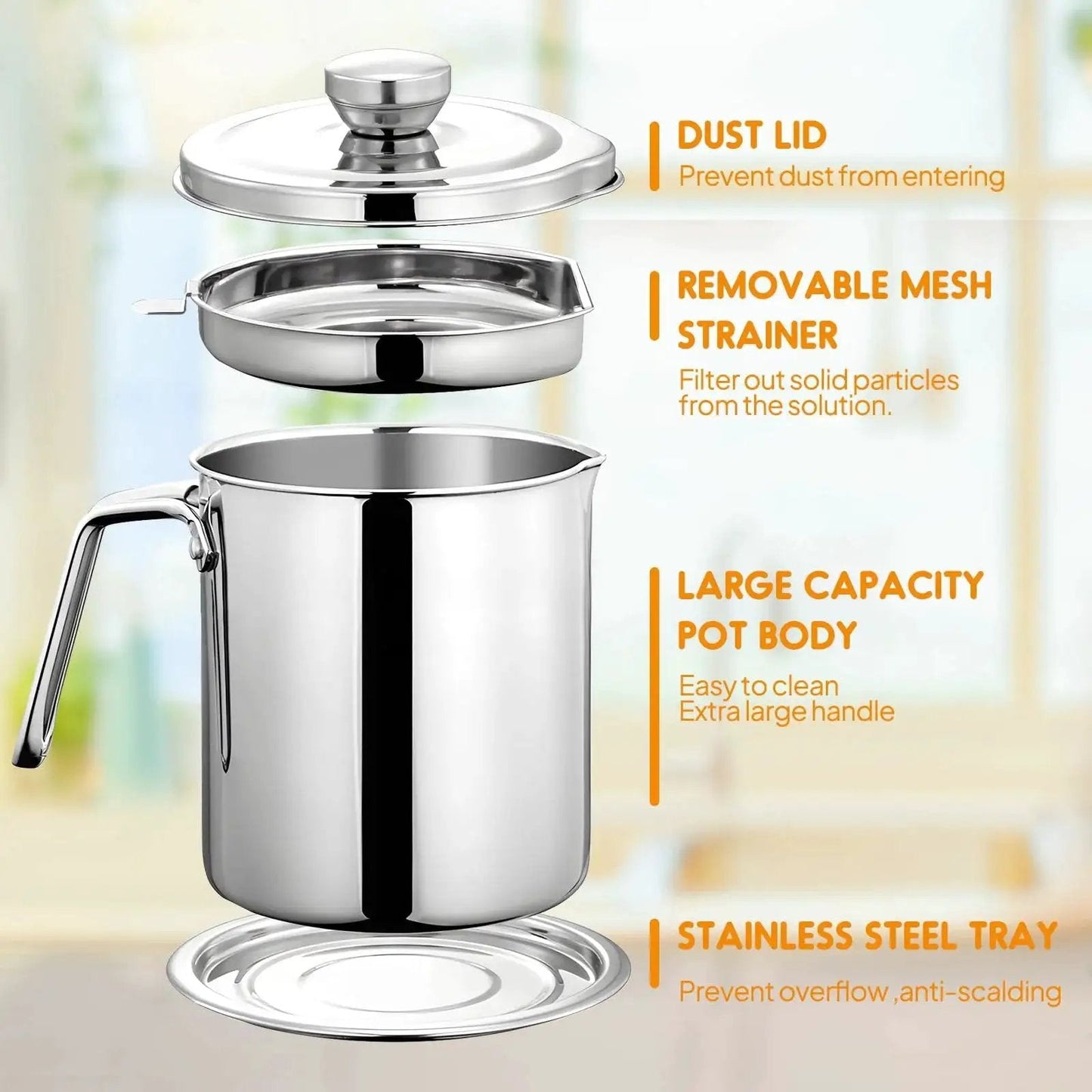Stainless Steel Grease Container With Fine Mesh Strainer 2L Bacon Fat Oil Jar Dust Proof Lid Non Slip Tray For Kitchen Storing Frying Cooking Grease Keeps Oil Clean And Debris Free Chihee with handle, lid, and strainer parts visible.