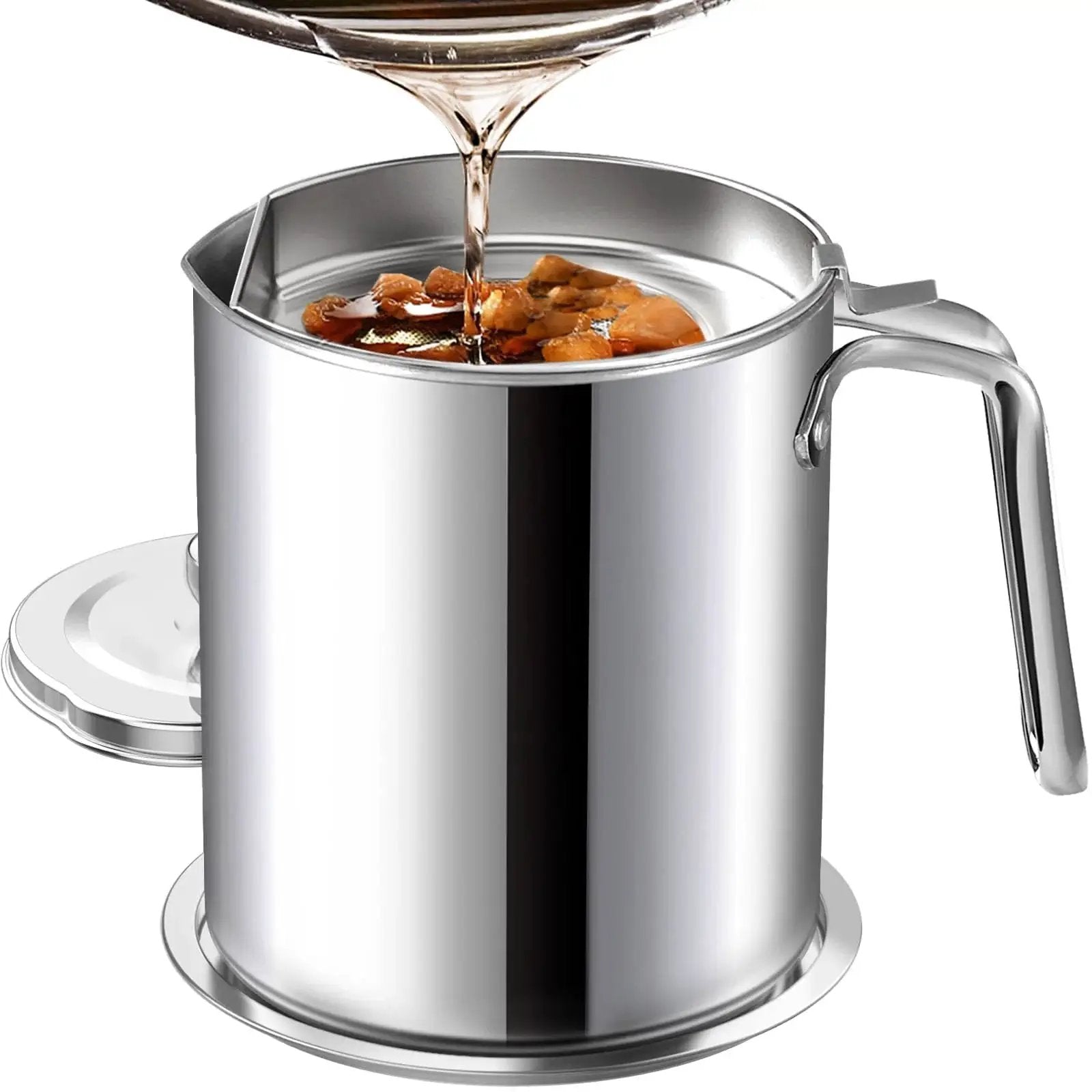 Stainless Steel Grease Container With Fine Mesh Strainer 2L Bacon Fat Oil Jar Dust Proof Lid Non Slip Tray For Kitchen Storing Frying Cooking Grease Keeps Oil Clean And Debris Free Chihee