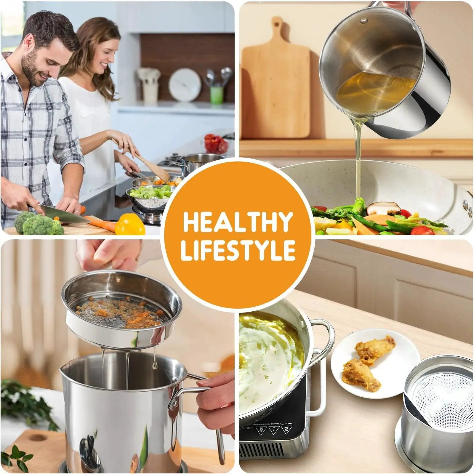 Collage showing use of Stainless Steel Grease Container With Fine Mesh Strainer 2L Bacon Fat Oil Jar in kitchen settings.