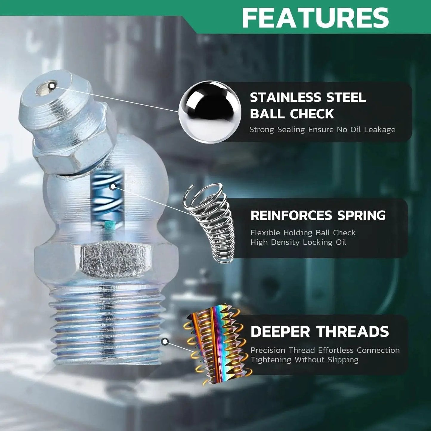 Close-up of grease zerk fitting showing stainless steel ball check, spring, and deep threads; part of Grease Fittings Kit With DIY Portable Storage Case For 330 PCS SAE And Metric Zerk Fittings In Straight, 45 Degree, And 90 Degree Angles, Dust Caps, Two Standard Couplers, 7-11mm Wrench Set, And Organized Carry Box For Grease Gun.