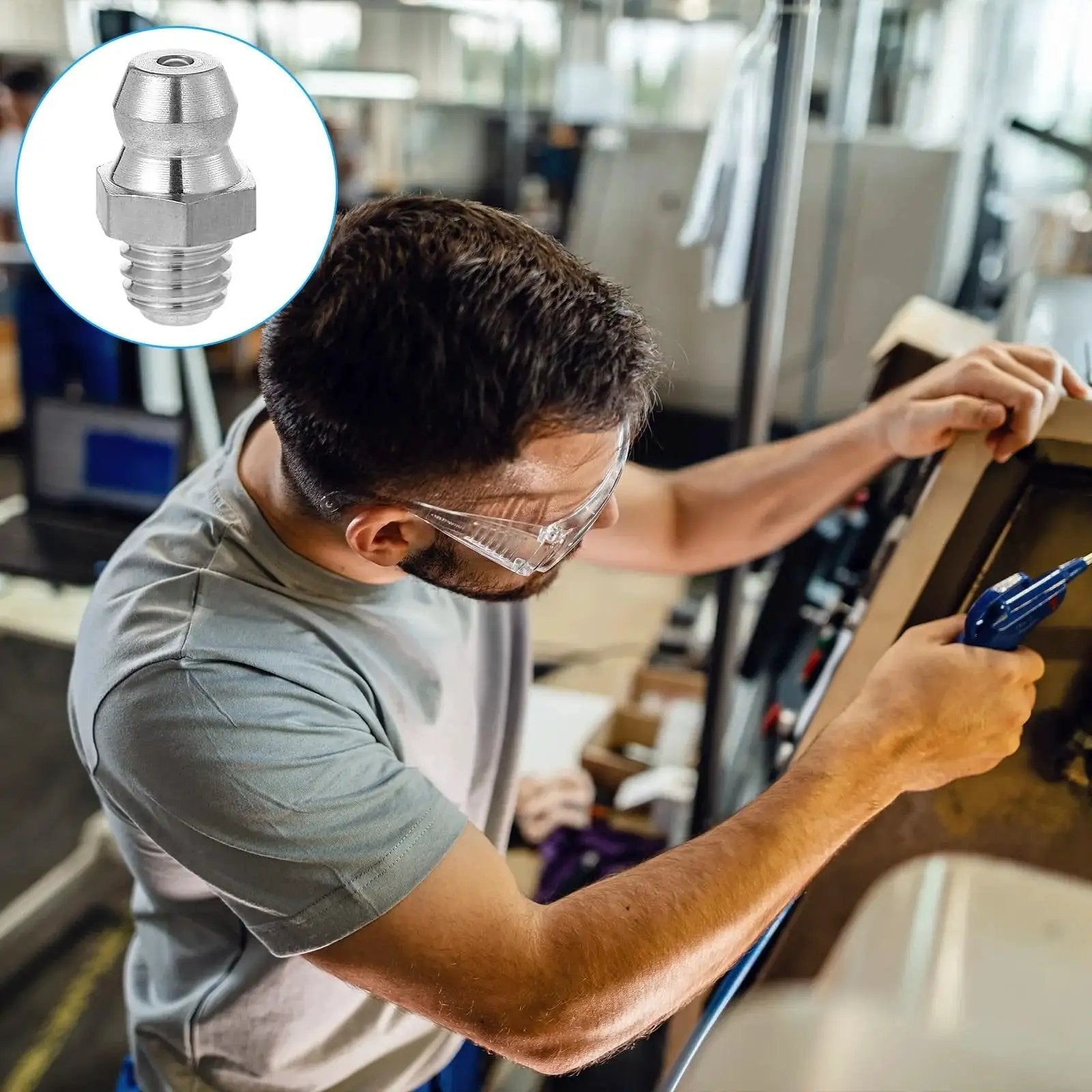 Technician using 6 Pcs Stainless Steel Straight Grease Fittings M6 X 1mm Thread Hydraulic Zerk Nipples in workshop setup
