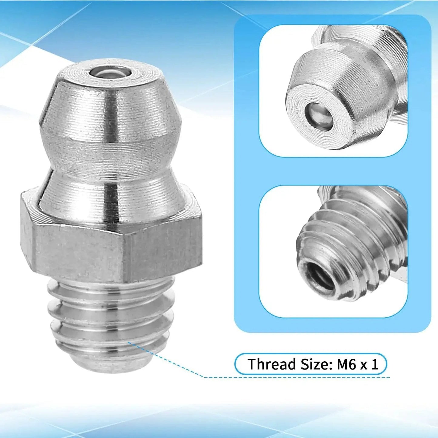 6 Pcs Stainless Steel Straight Grease Fittings M6 X 1mm Thread Hydraulic Zerk Nipples for Machines, close-up views