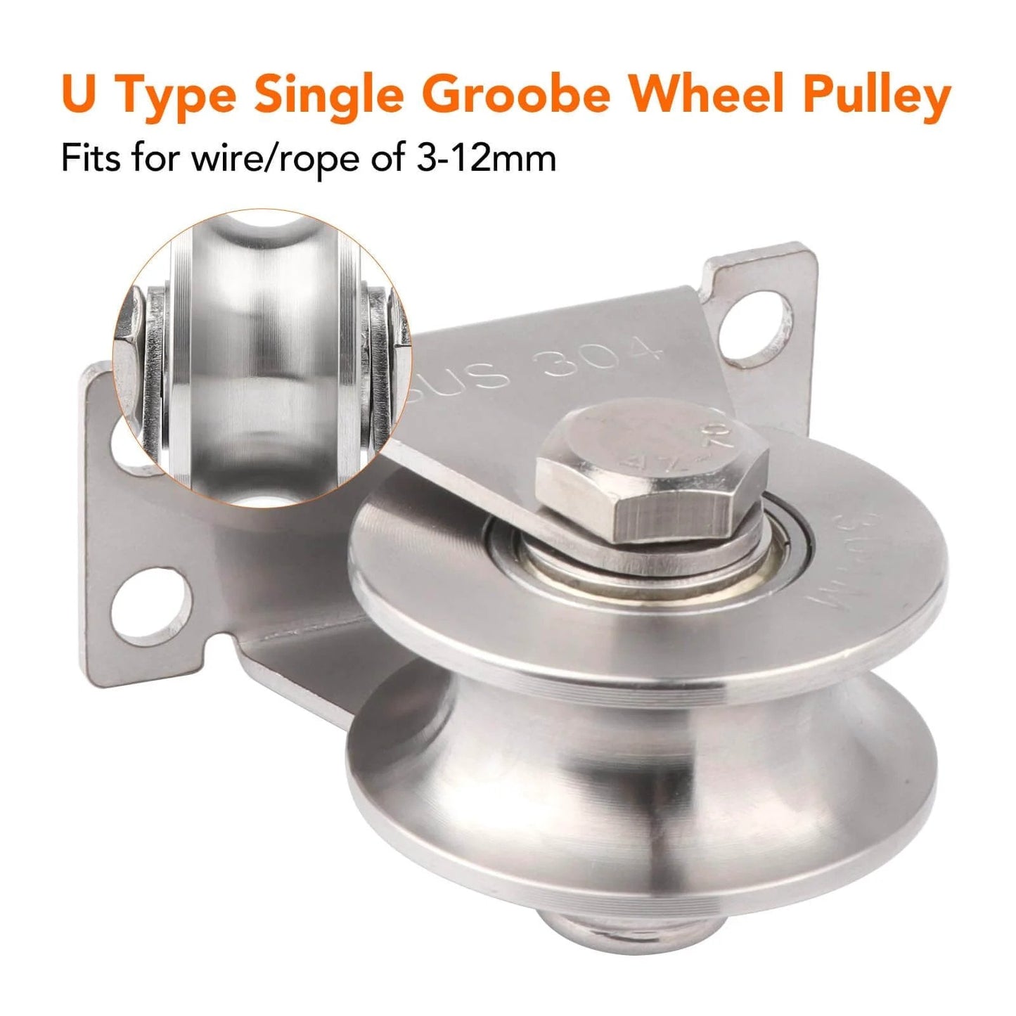 U Type Single Groove Wheel Pulley, stainless steel with wall mount, for wire rope 3-12mm, 2PCS Groove Wheel Pulley