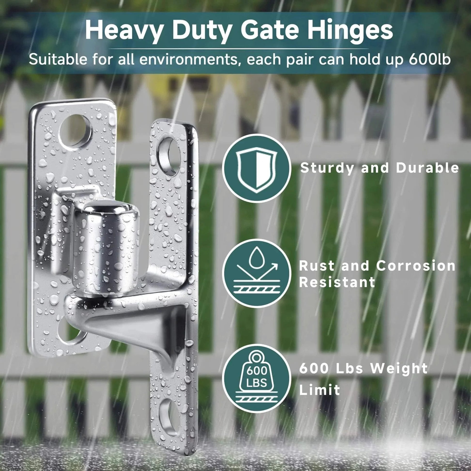 2 Pack Heavy Duty Gate Hinges, Wall Mount Gate Hinge Set with 5/8'', Capacity Up to 600lbs, shown in rainy environment