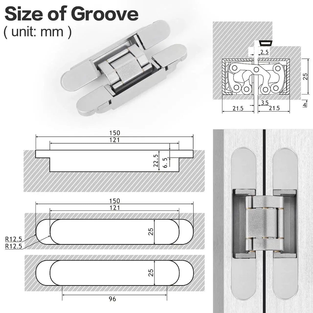 Diagram showing dimensions of Hidden Door Hinges 6 Inch Stainless Steel Pack Of Two Concealed Hinges with 180 Degree Swing.