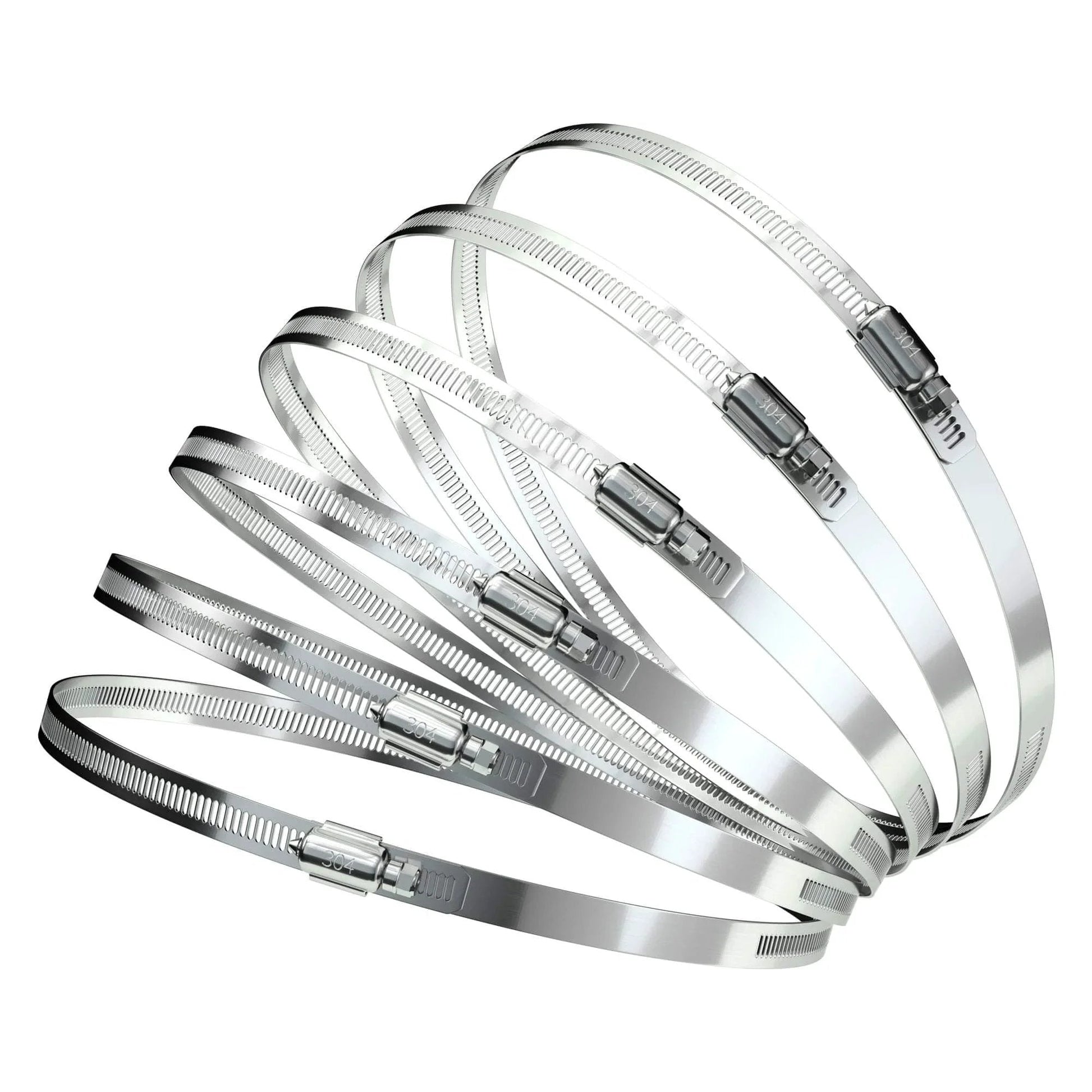Hose Clamp Set Of Six 12 Inch 304 Stainless Steel Worm Gear Clamps for various piping sizes in a fan arrangement