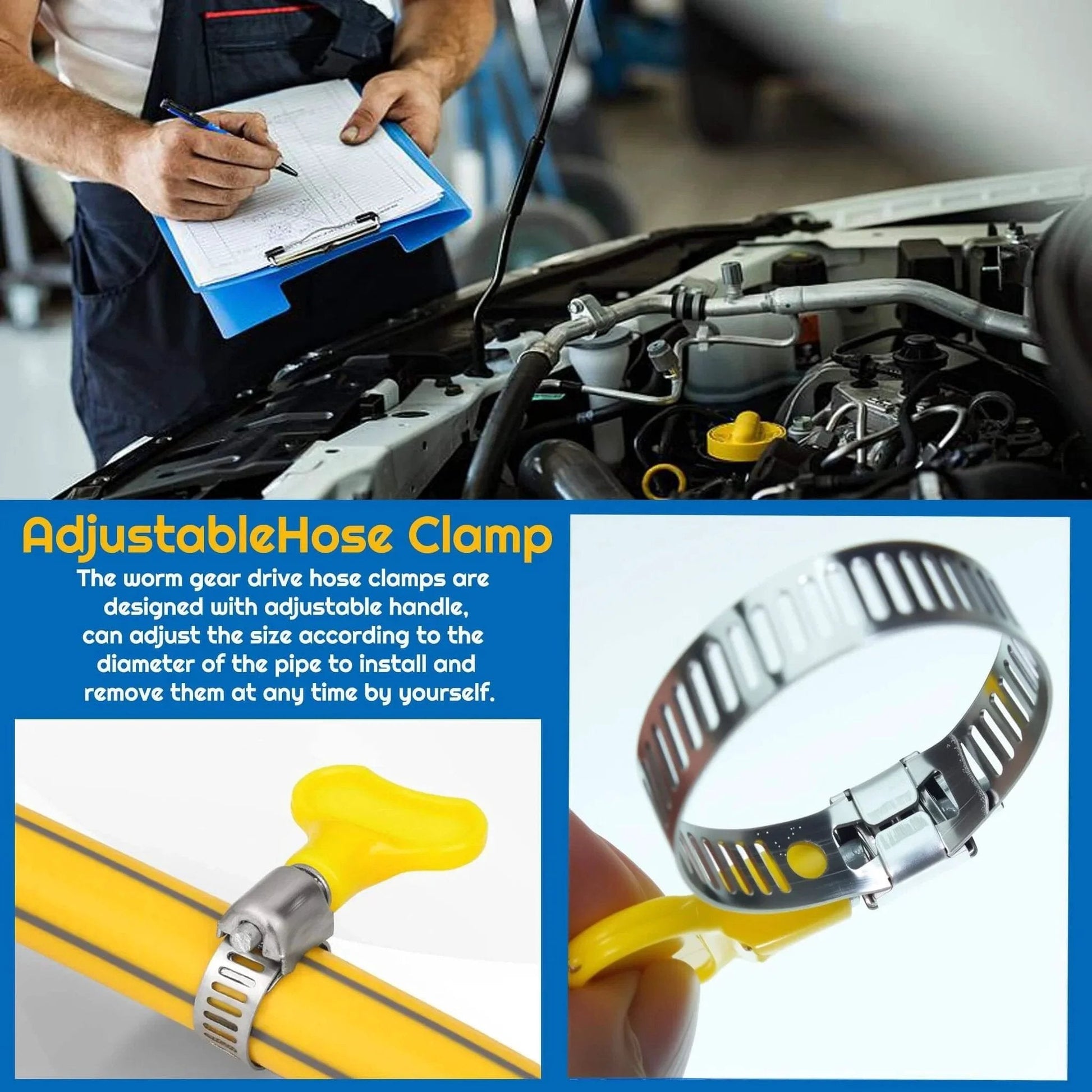 Mechanic uses Stainless Steel Hose Clamp Assortment Kit 80 Pieces Adjustable 8 To 44 Mm Worm Gear Metal Fuel Line Clamps For Plumbing Automotive.