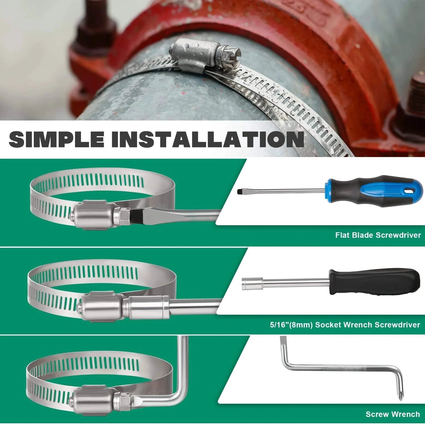 Large Ten Pack Stainless Steel Hose Clamps Two And A Half Inch Adjustable Worm Gear Duct Clamps For Radiator Dryer Vent Hose Fuel Line And Automotive Use Fits Forty Six To Seventy Millimeter Outer Diameter shown with installation tools on pipe