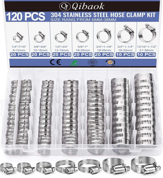 Qibaok 120 Piece Stainless Steel Hose Clamps Assortment Kit For Fuel Line Plumbing Automotive Mechanical Pipe Applications