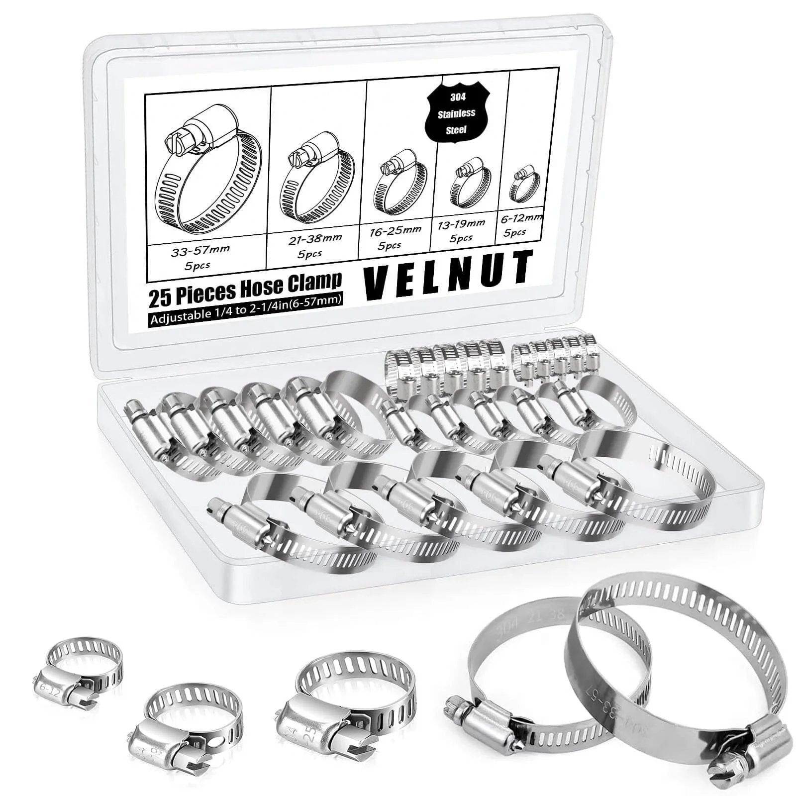 Stainless Steel Hose Clamps Assortment Kit Twenty Five Pieces Worm Gear Hose Clamp Adjustable From One Quarter Inch To Two And One Quarter Inch For Plumbing Automotive And Mechanical Applications Durable Corrosion Resistant 304 Stainless Steel