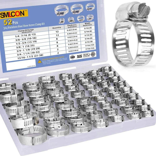 52 Piece Hose Clamp Kit In Premium 304 Stainless Steel With Adjustable Worm Gear Clamps From One Quarter Inch To One And A Half Inch Six To Thirty Eight Millimeter For Plumbing Automotive And Mechanical Applications A Durable Corrosion Resistant Clamp Set