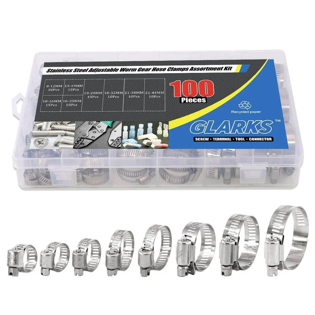 100 Pieces Adjustable 8-44mm 304 Stainless Steel Worm Gear Hose Clamps Assortment Kit in durable storage box with visible clamps.