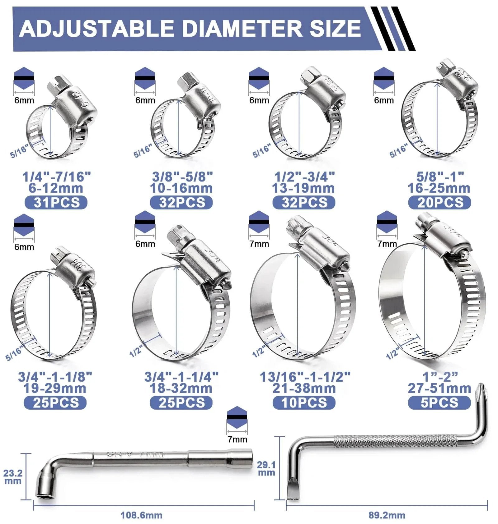Hose Clamp Assortment 180 Pcs Stainless Steel Worm Gear Clamps Kit for Fuel Line Plumbing Automotive Mechanical Applications Pipe Tube Radiator Garden Size One Quarter Inch To Two Inches Corrosion Resistant Rustproof, showing different sizes with adjustable diameter.
