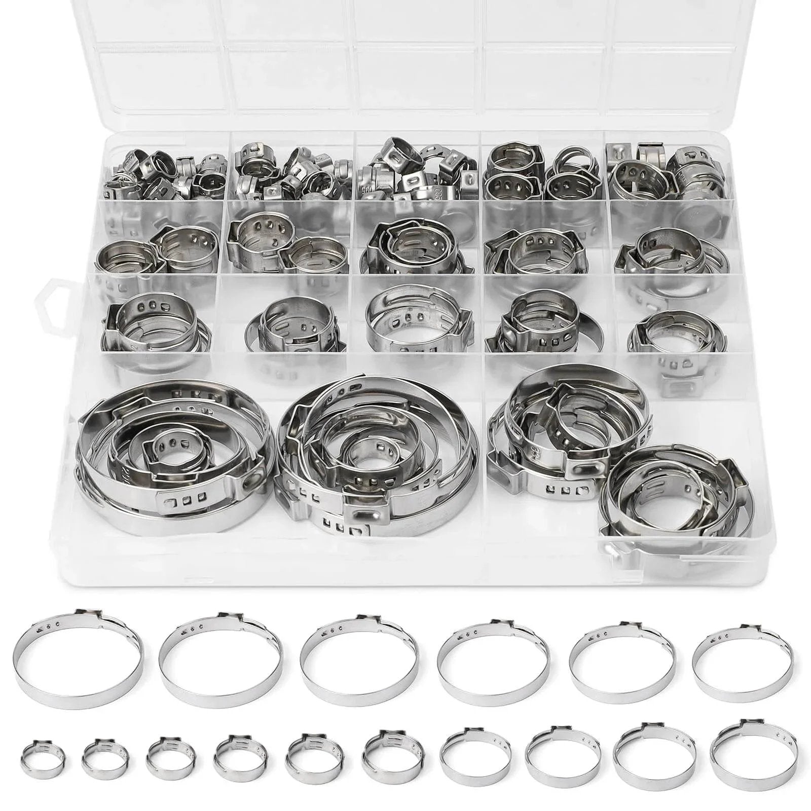 117 Piece 16 Size Single Ear Hose Clamp Kit In 304 Stainless Steel With Ear Clamps 6.5 To 48.5 Mm shown in storage case.