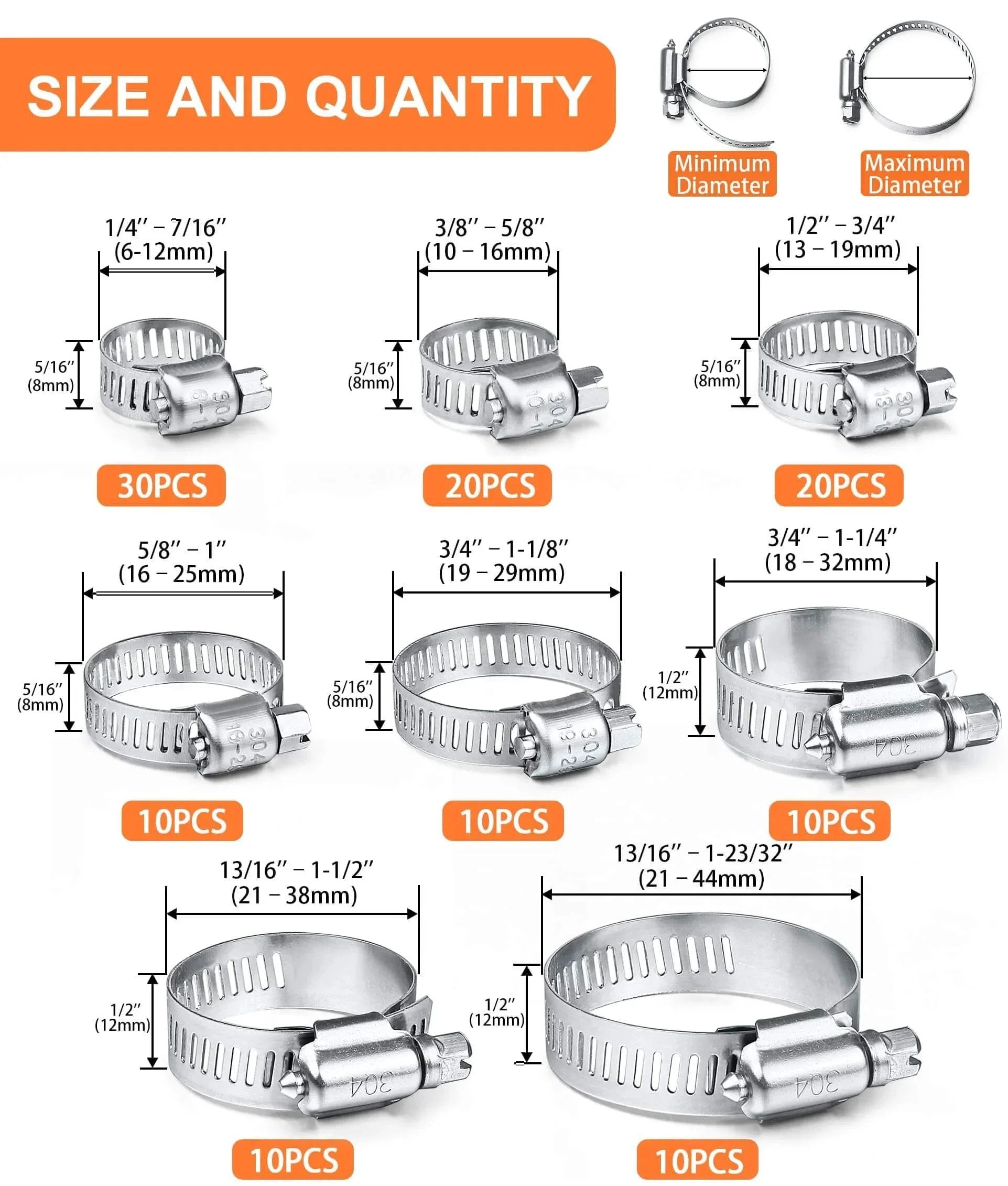120 Piece Hose Clamp Set Camtek Stainless Steel Adjustable Worm Gear Clamp 6 to 44 mm Range Duct Pipe Fuel Line Clamp
