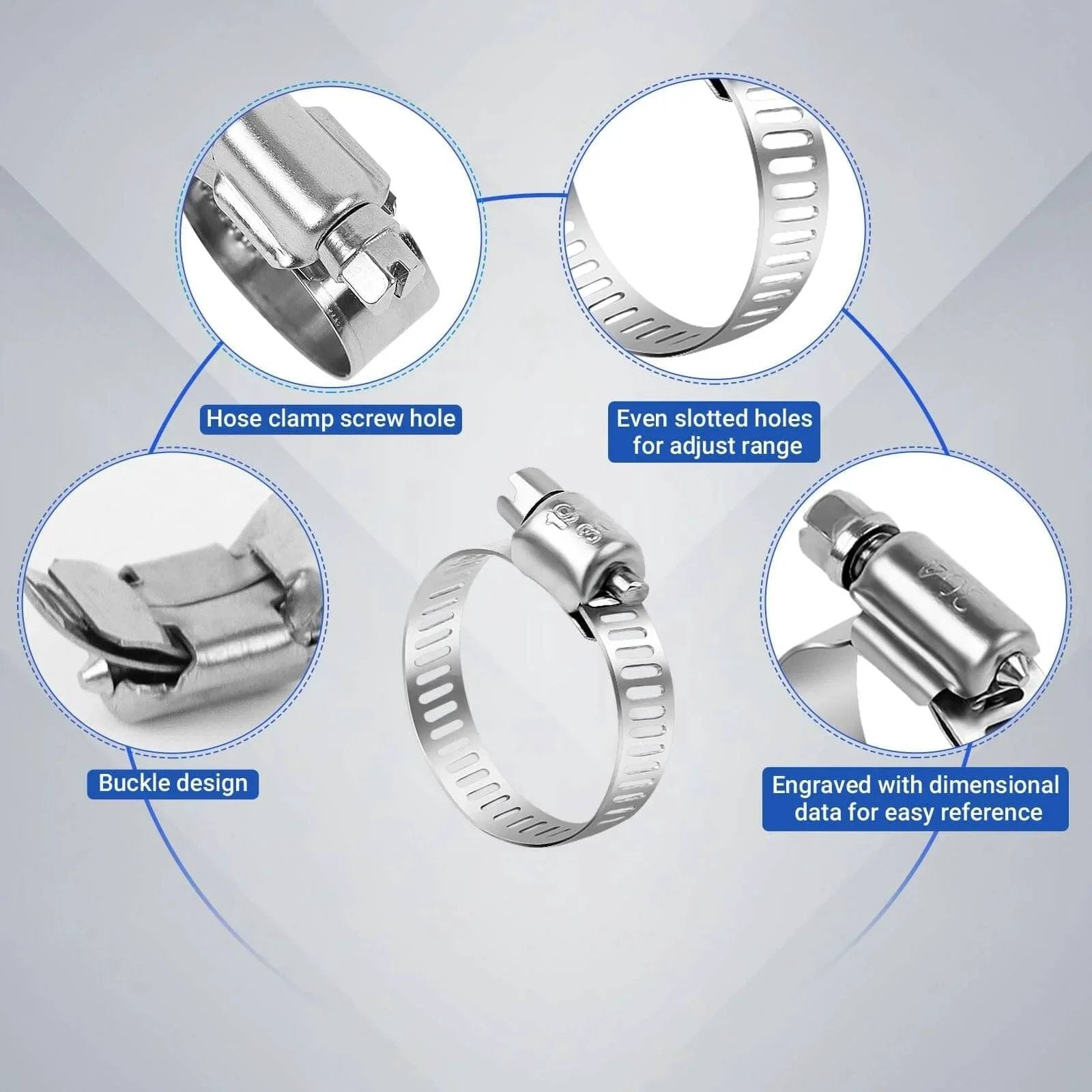 Features of 52 Piece Hose Clamp Kit in Premium 304 Stainless Steel with adjustable worm gear clamps, detailed view of design and features.