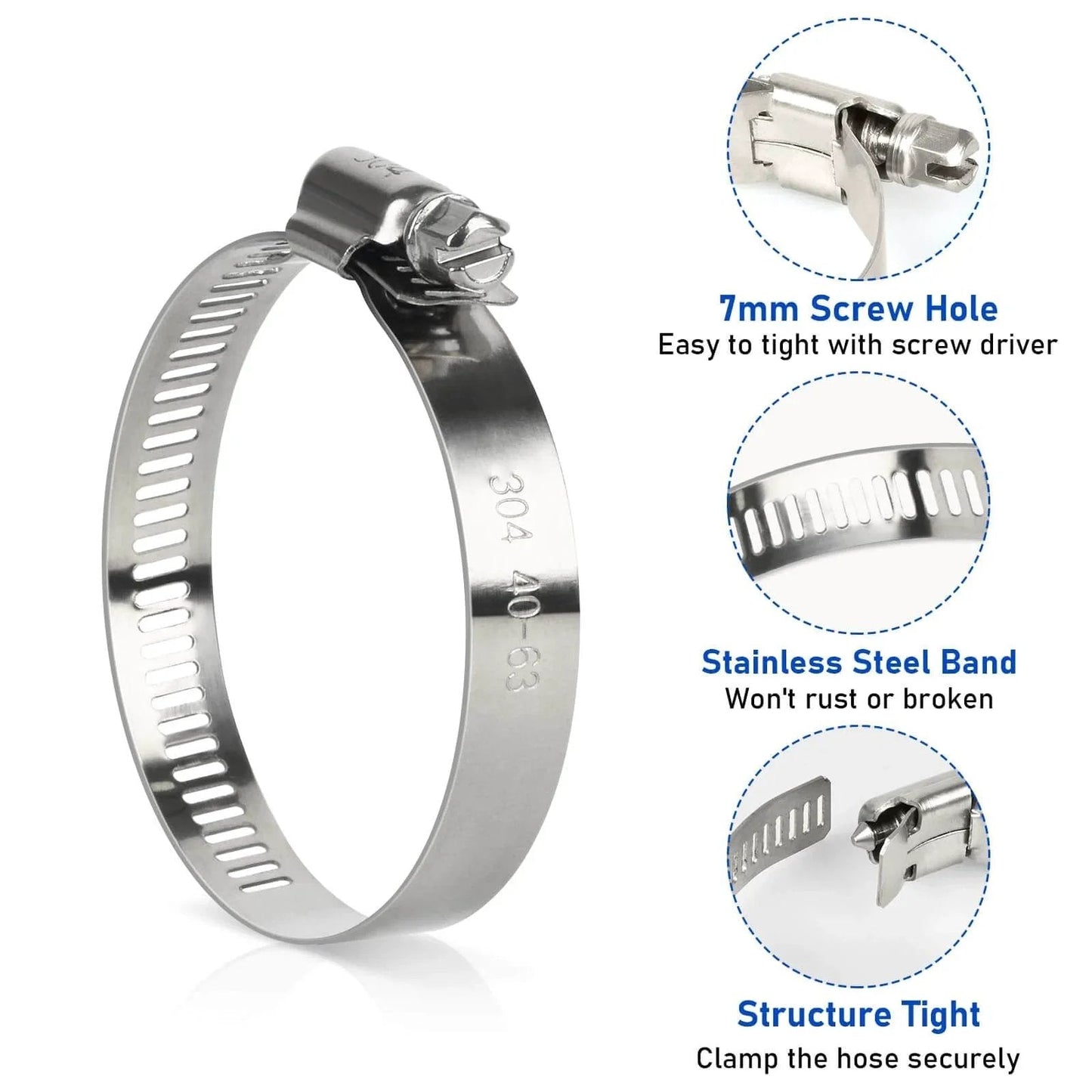 Hose Clamps Set Of Ten Stainless Steel Adjustable Worm Gear Clamps For Hoses From One And A Half Inch To Two And A Half Inch Ideal For Automotive Radiator Fuel Line And Mechanical Systems With Assorted Sizes From Quarter Inch To Six Inch