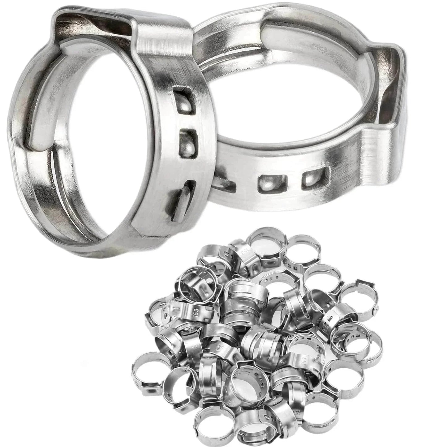 Fifty Pieces Stainless Steel 304 Single Ear Hose Clamps For Hoses From 10.8 To 13.3 Mm Three Eighths Inch Range Stepless Pinch Clamps Crimp Rings