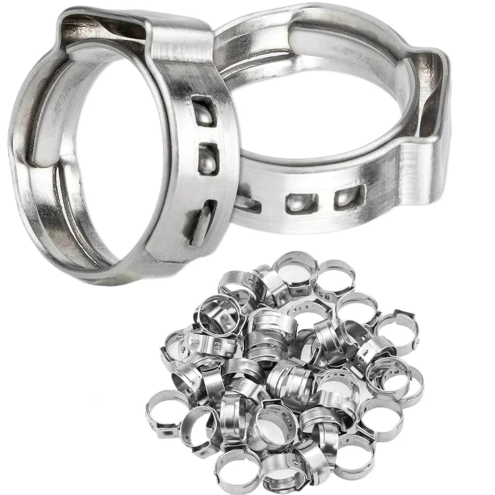 Fifty Pieces Stainless Steel 304 Single Ear Hose Clamps For Hoses From 10.8 To 13.3 Mm Three Eighths Inch Range Stepless Pinch Clamps Crimp Rings