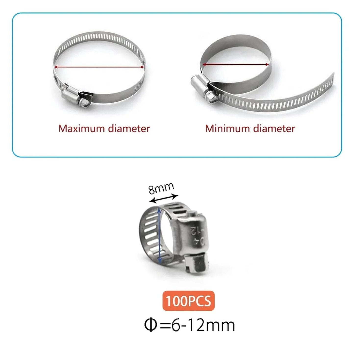 100 Pack Stainless Steel Worm Gear Hose Clamps 6 To 12 Mm Adjustable Fuel Line Clamps 304 Stainless Steel Corrosion Resistant