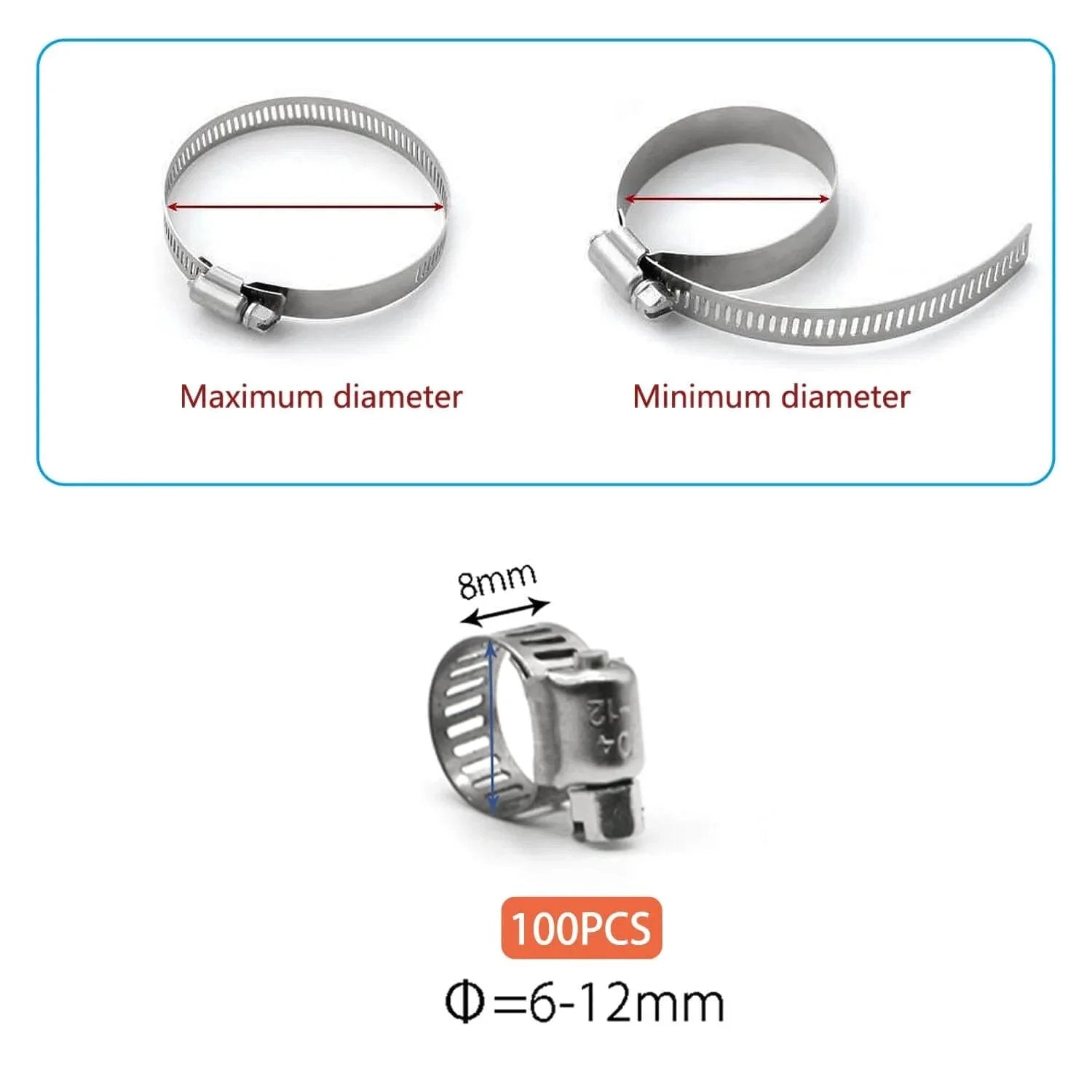 100 Pack Stainless Steel Worm Gear Hose Clamps 6 To 12 Mm Adjustable Fuel Line Clamps 304 Stainless Steel Corrosion Resistant