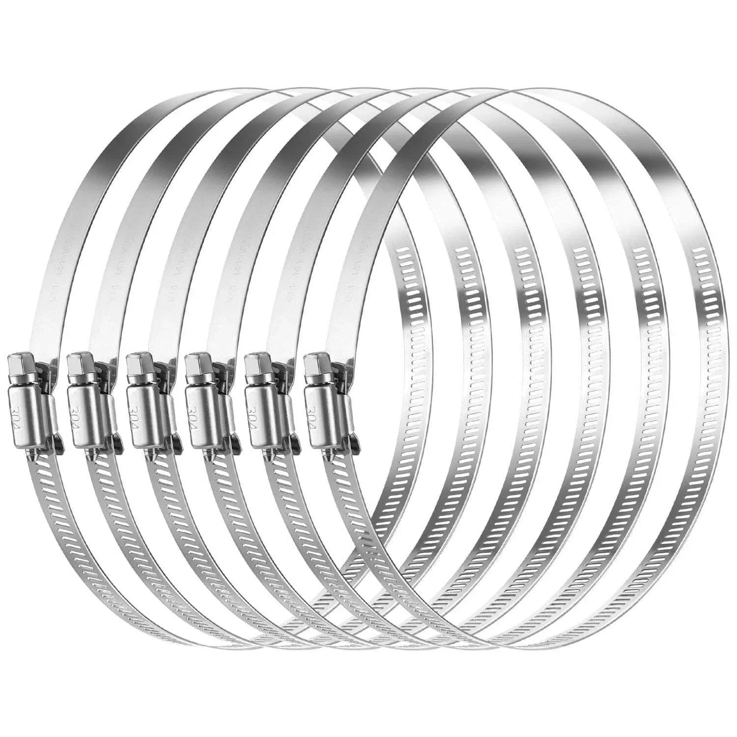 Pack Of 6 Adjustable 6 Inch Hose Clamps In 304 Stainless Steel With Worm Gear Mechanism Duct Clamps Covering 141mm To 165mm Range Leak Proof Corrosion Resistant And Long Lasting For Automotive And General Industrial Applications.