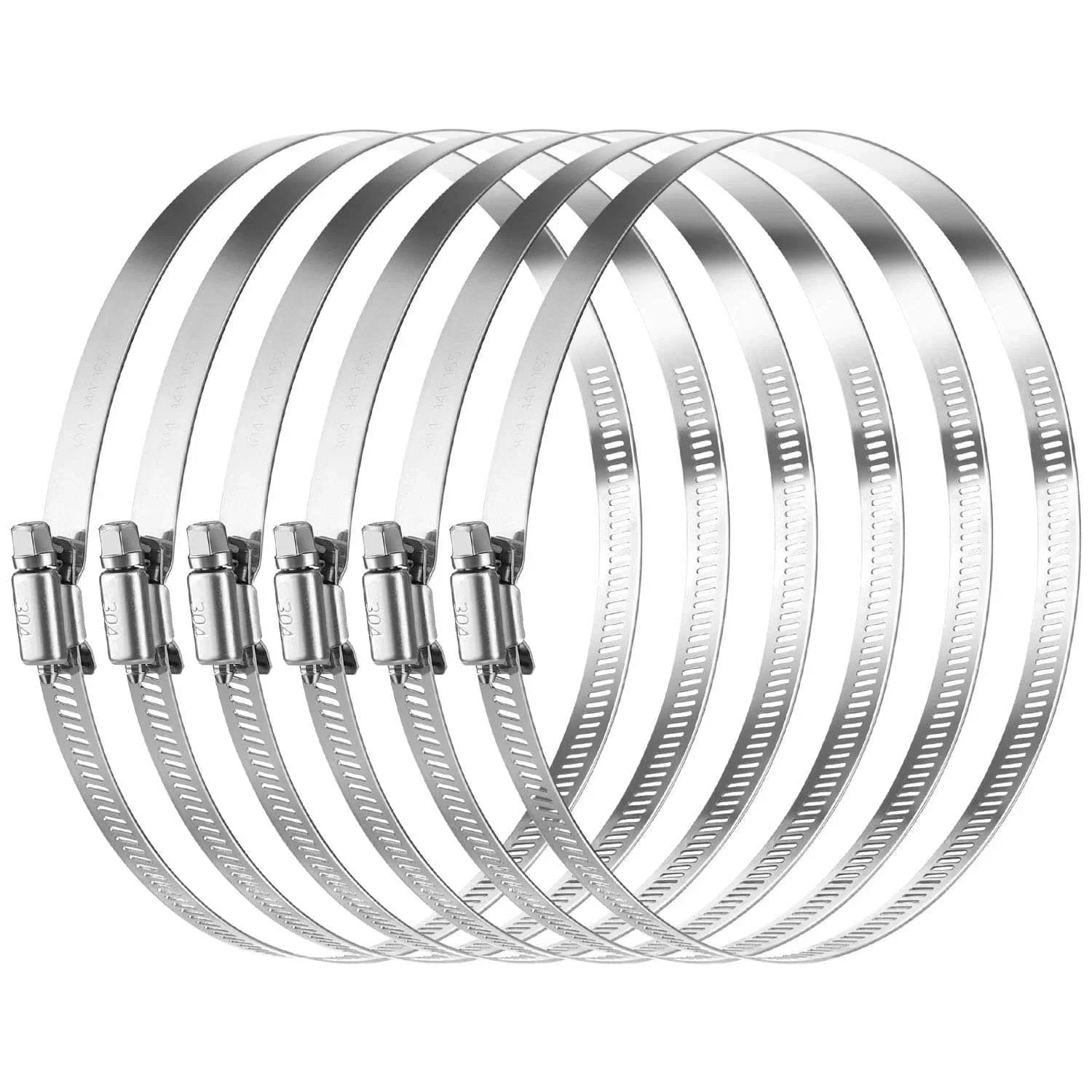 Pack Of 6 Adjustable 6 Inch Hose Clamps In 304 Stainless Steel With Worm Gear Mechanism Duct Clamps Covering 141mm To 165mm Range Leak Proof Corrosion Resistant And Long Lasting For Automotive And General Industrial Applications.