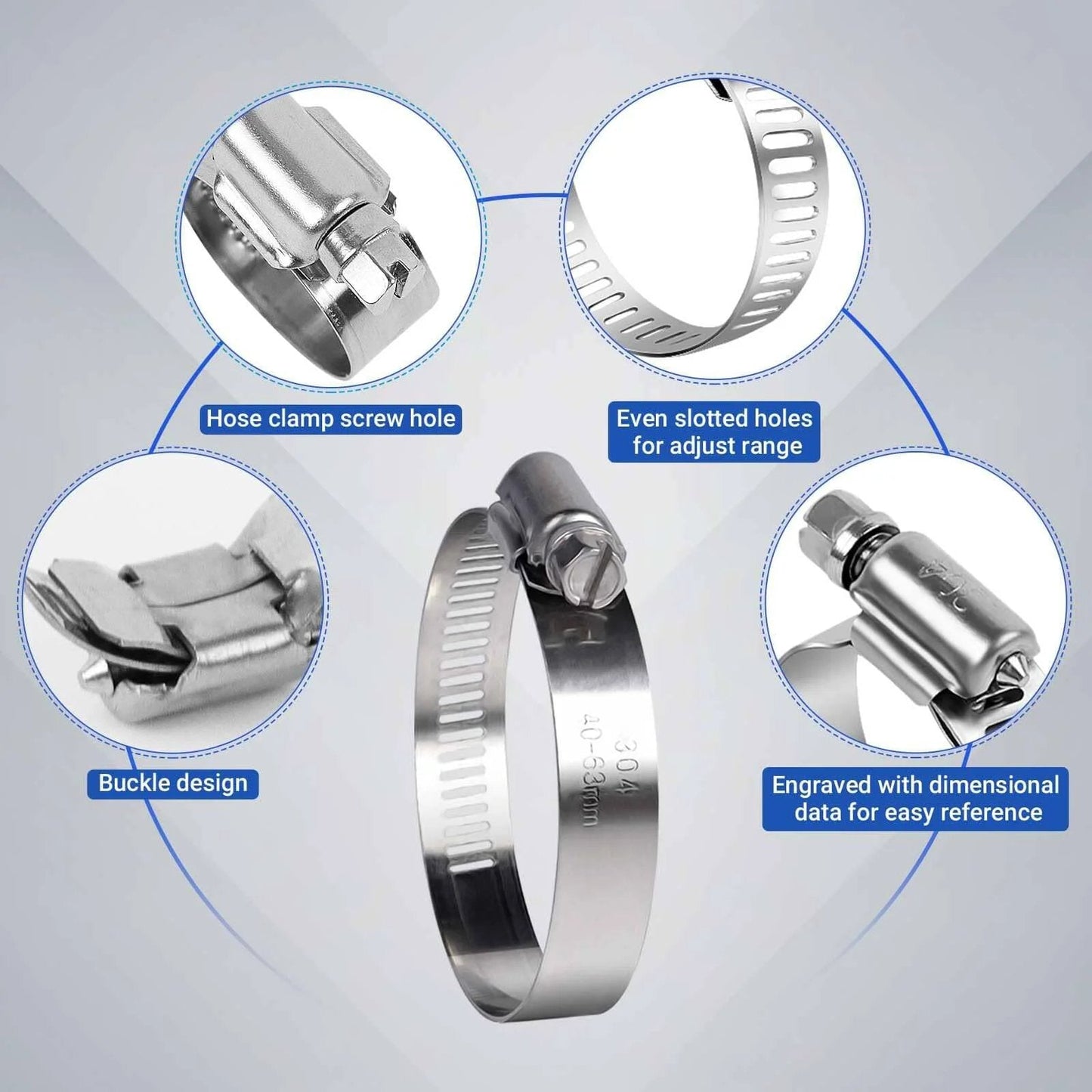 6 Pack Stainless Steel Hose Clamps Adjustable From 1.5 To 2.5 Inches 40 To 63 Mm Worm Gear Clamps With Socket Wrench