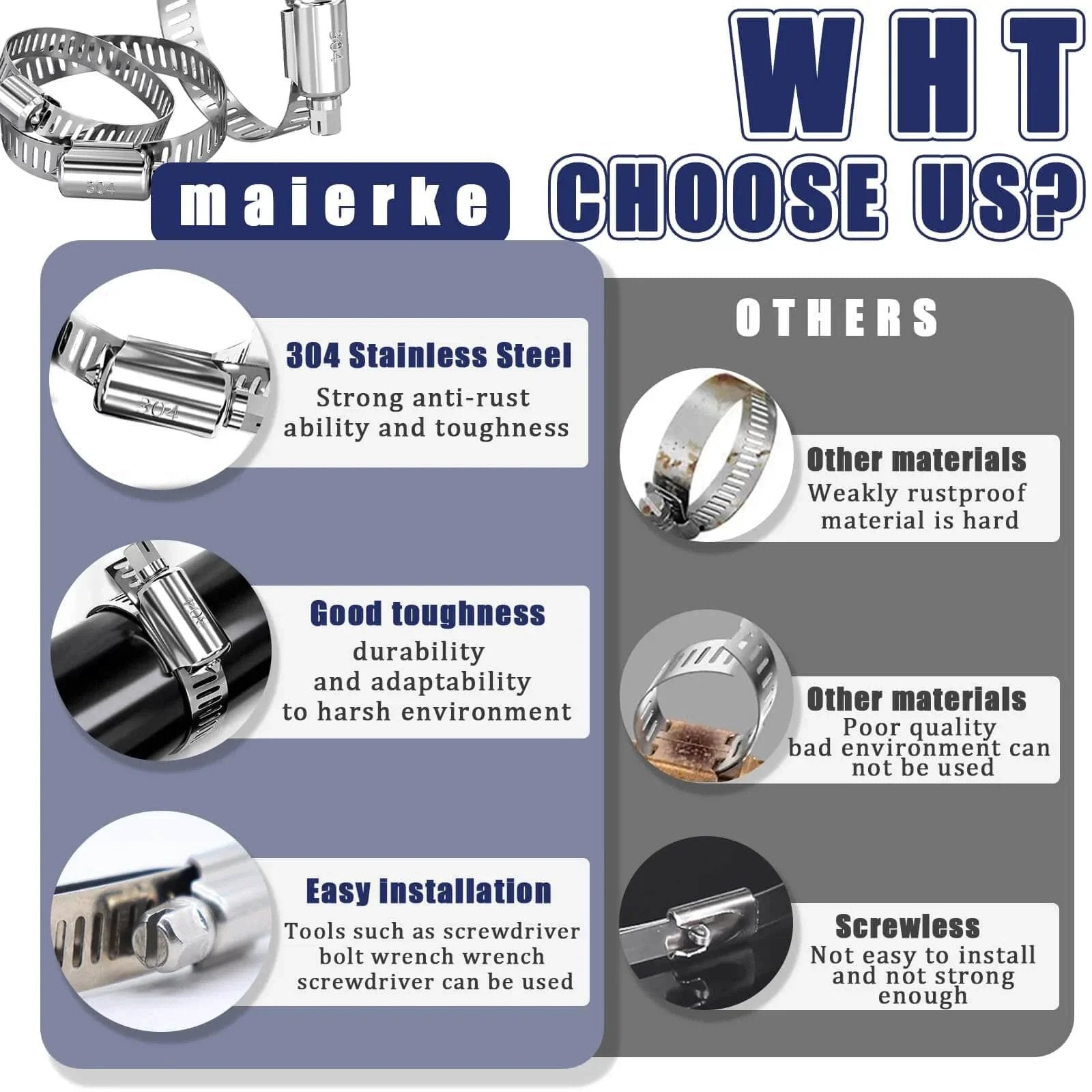 Comparison of 202 Pieces 304 Stainless Steel Hose Clamps Assortment Kit with other materials, highlighting durability and installation ease.