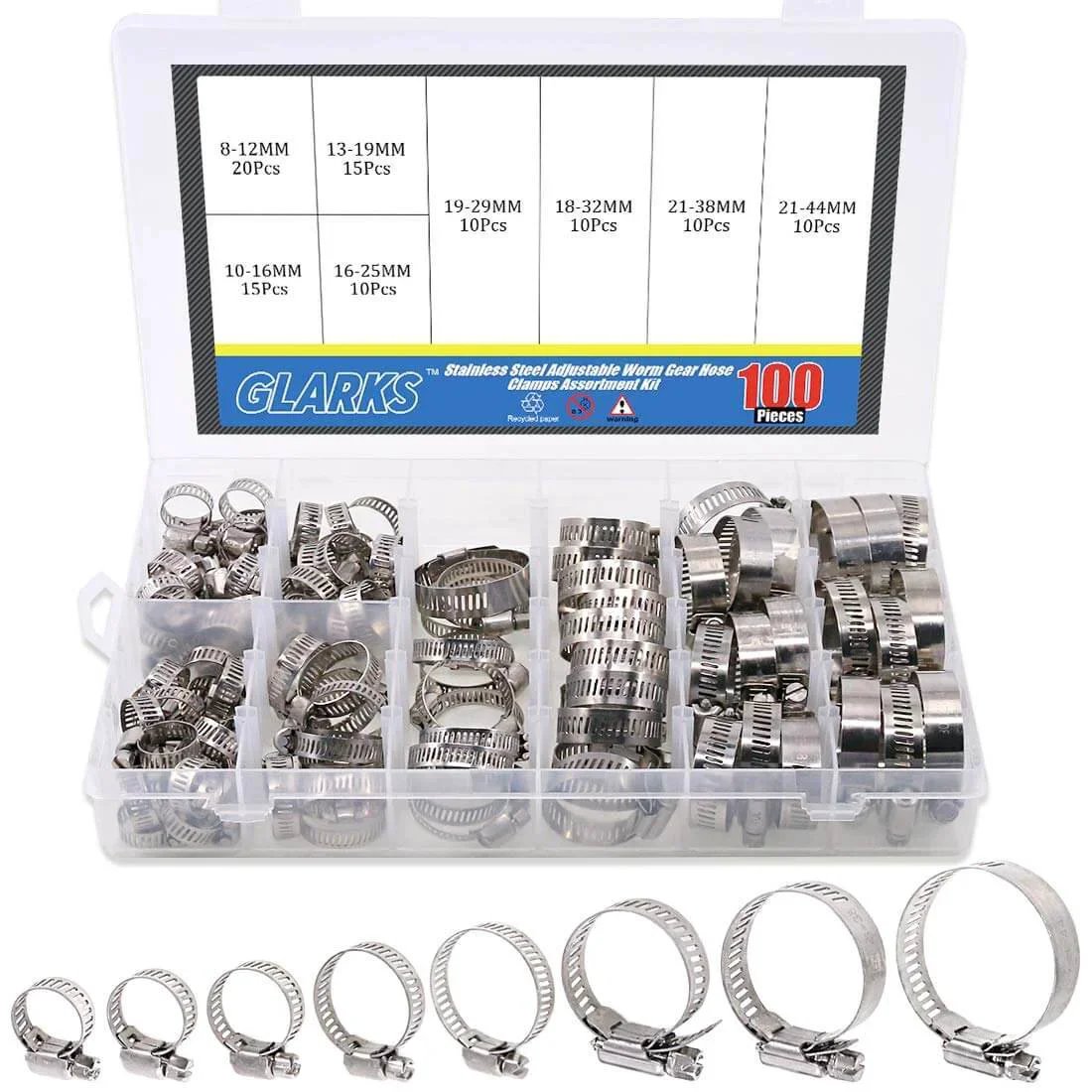 100 Pieces Adjustable 8-44mm 304 Stainless Steel Worm Gear Hose Clamps Assortment Kit for Water Pipes Plumbing Automotive and Mechanical Use, Includes Durable Storage Box for Easy Organization and Quick Access