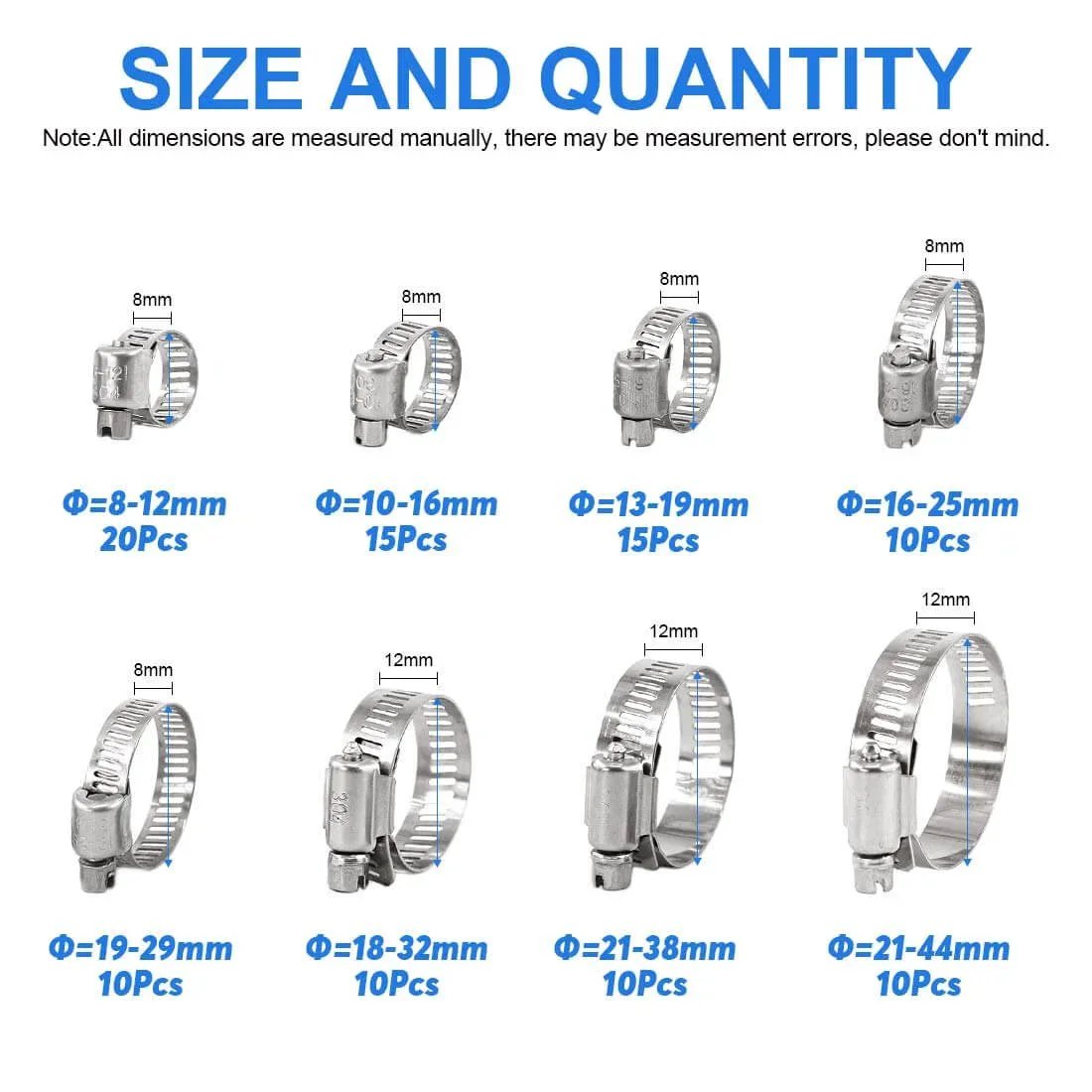100 Pieces Adjustable 8-44mm 304 Stainless Steel Worm Gear Hose Clamps Assortment Kit for Water Pipes Plumbing Automotive and Mechanical Use