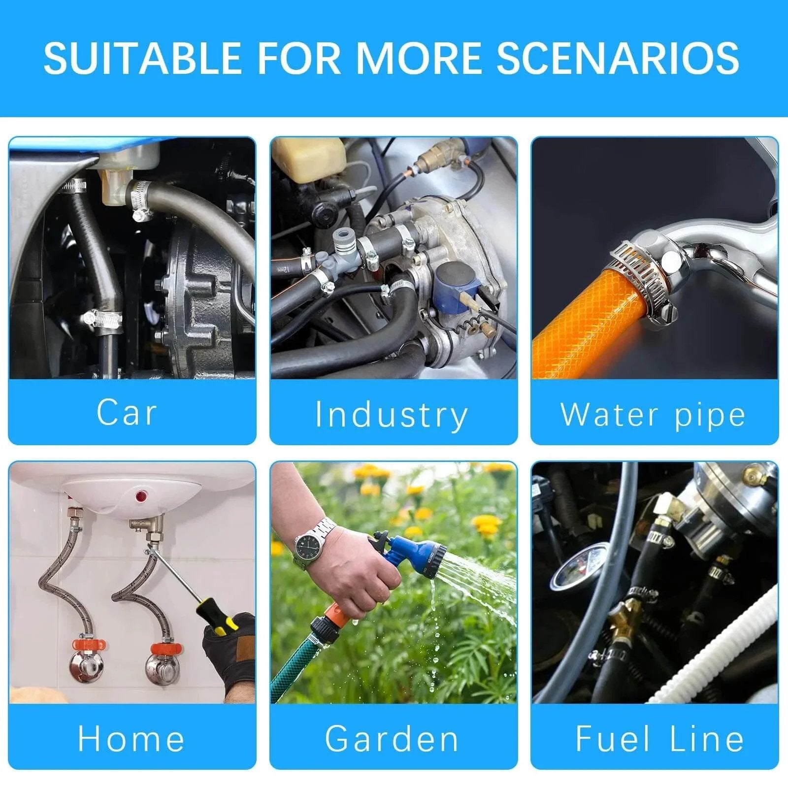 Image showing usage scenarios for 24 Piece Adjustable Stainless Steel Hose Clamps Set Ranging From One Quarter Inch To Two Inches (Six To Fifty One Millimeters) Hose Clamp Assortment Kit For Home Garden And Automotive Use in car, industry, water pipe, home, garden, and fuel line.