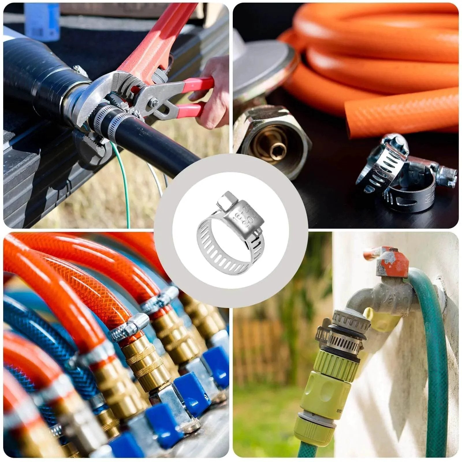 Collage showing Twenty Pack Stainless Steel Hose Clamps Adjustable Quarter To Seven Sixteenths Inch Six To Twelve Millimeters