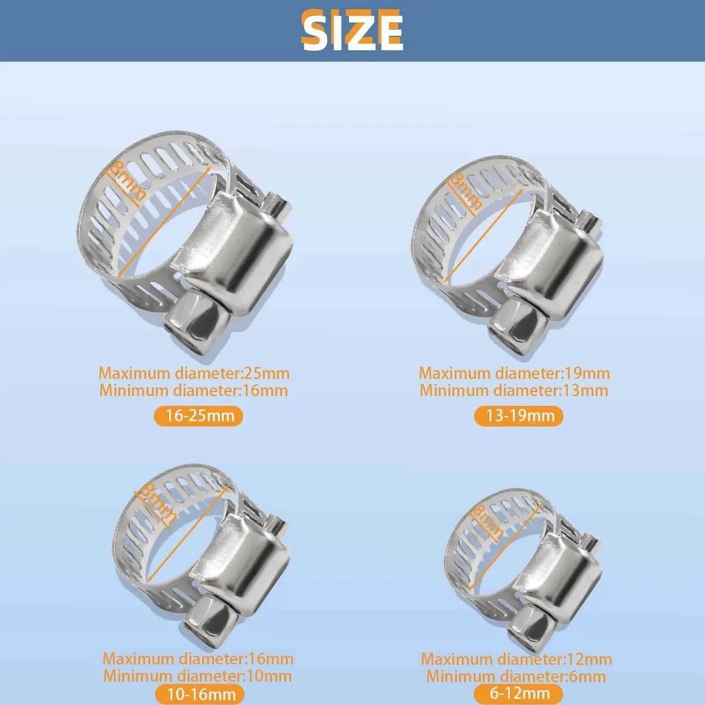 Four sizes of Twenty Pack Stainless Steel Hose Clamps Adjustable Quarter To Seven Sixteenths Inch Six To Twelve Millimeters