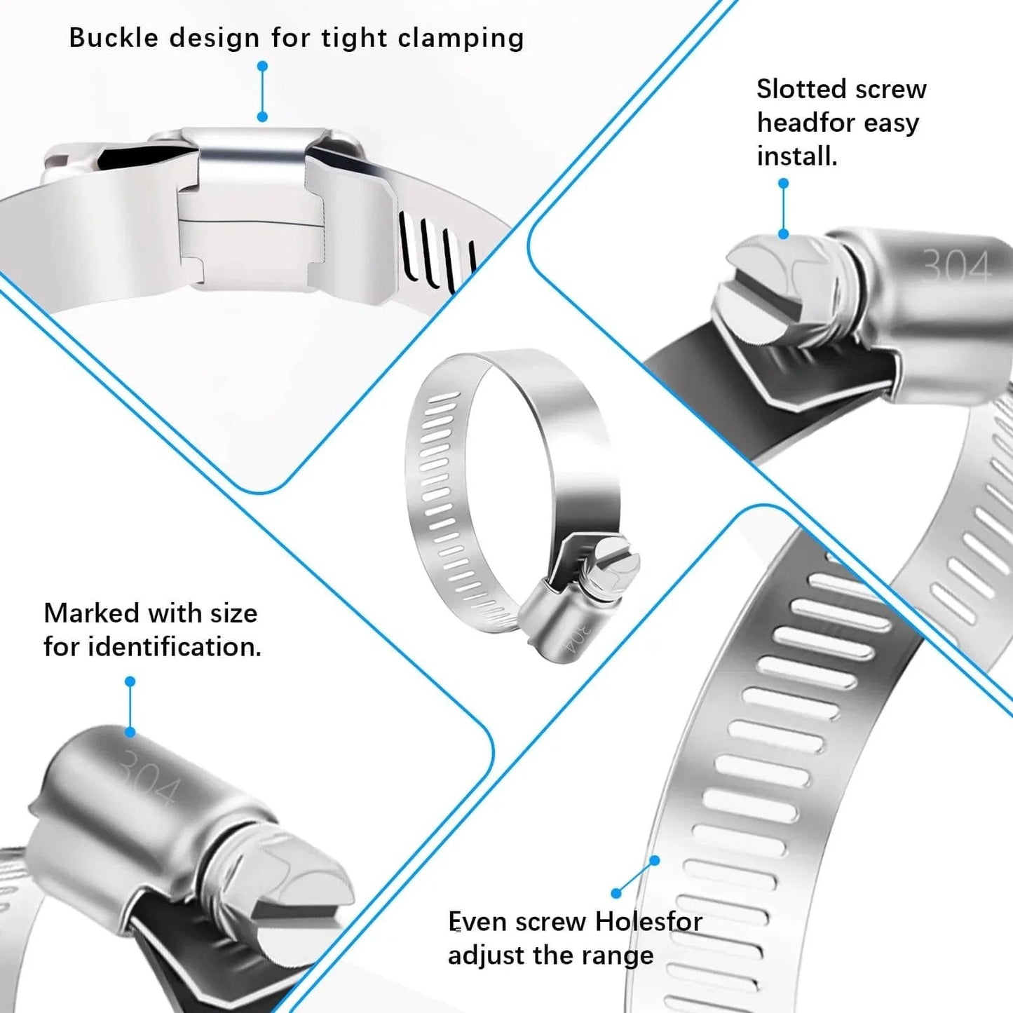 24 Piece Adjustable Stainless Steel Hose Clamps Set Ranging From One Quarter Inch To Two Inches (Six To Fifty One Millimeters) details