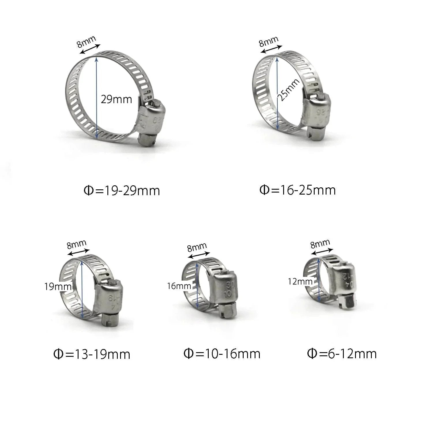 Assorted sizes of stainless steel worm gear hose clamps. 100 Pack Stainless Steel Worm Gear Hose Clamps 6 To 12 Mm Adjustable Fuel Line Clamps 304 Stainless Steel Corrosion Resistant For Marine Auto Boat Plumbing Applications Great For Exhaust Radiator Vacuum Hoses And More.