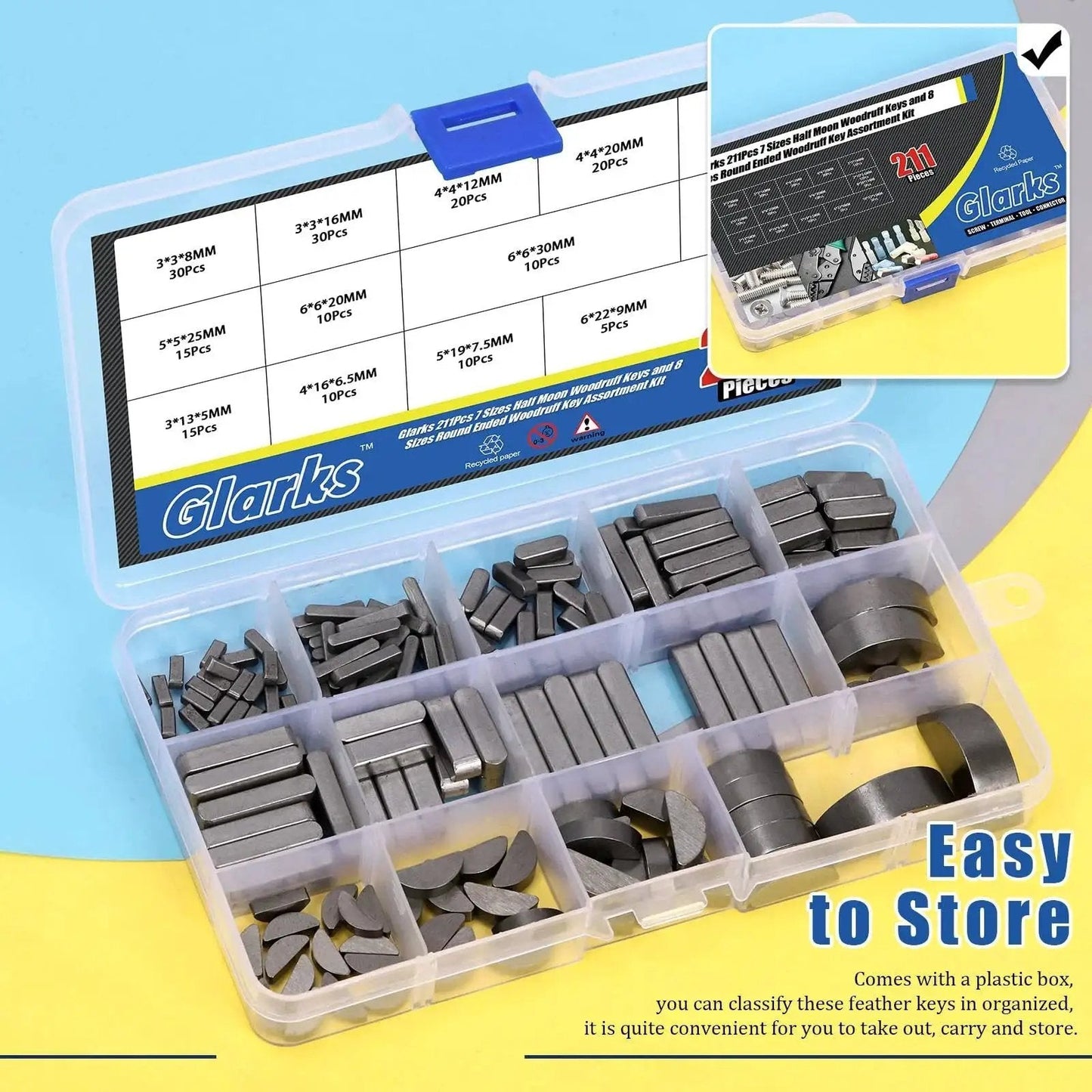 Woodruff Key And Feather Key Assortment Kit With Round Ended Keys 211 Pieces In 15 Sizes Stainless Steel Keystock in box